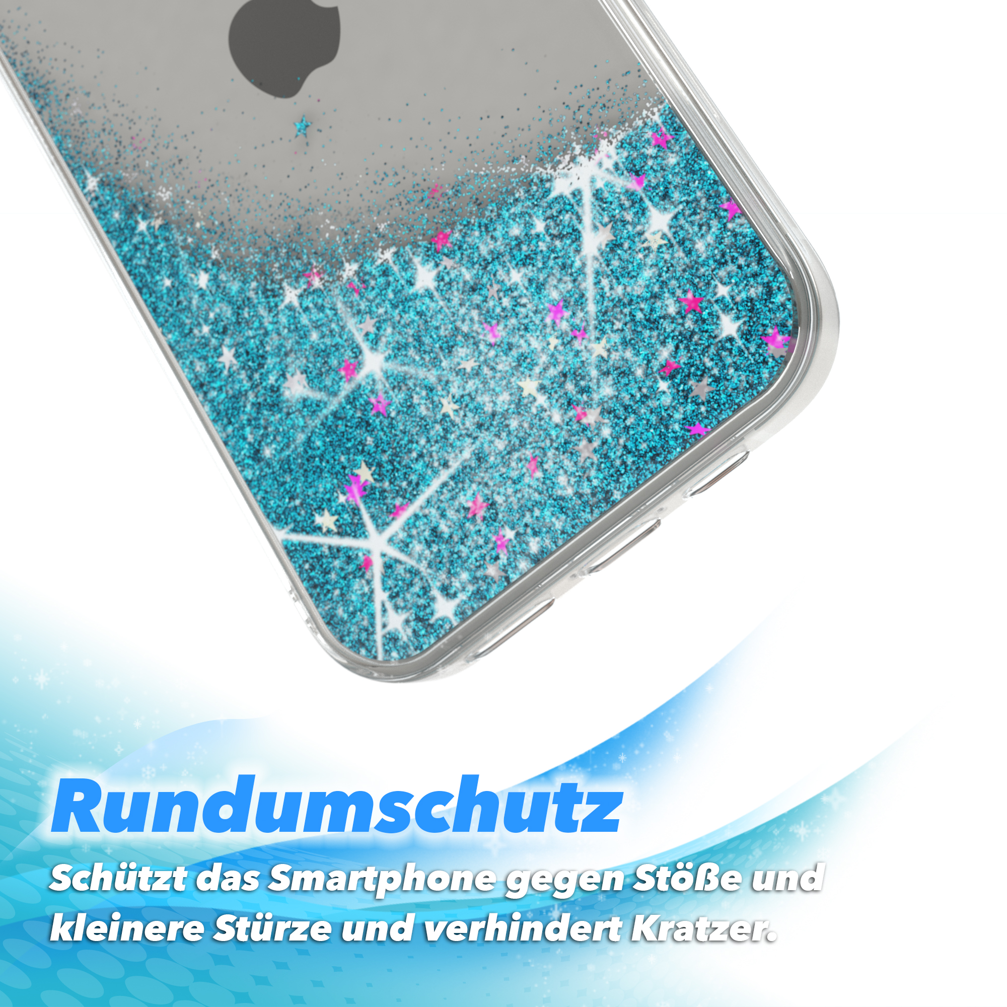 Transparente Handyhülle mit blauem Glitzer und rosa Sternen. Schützt das Smartphone vor Stößen und Kratzern.