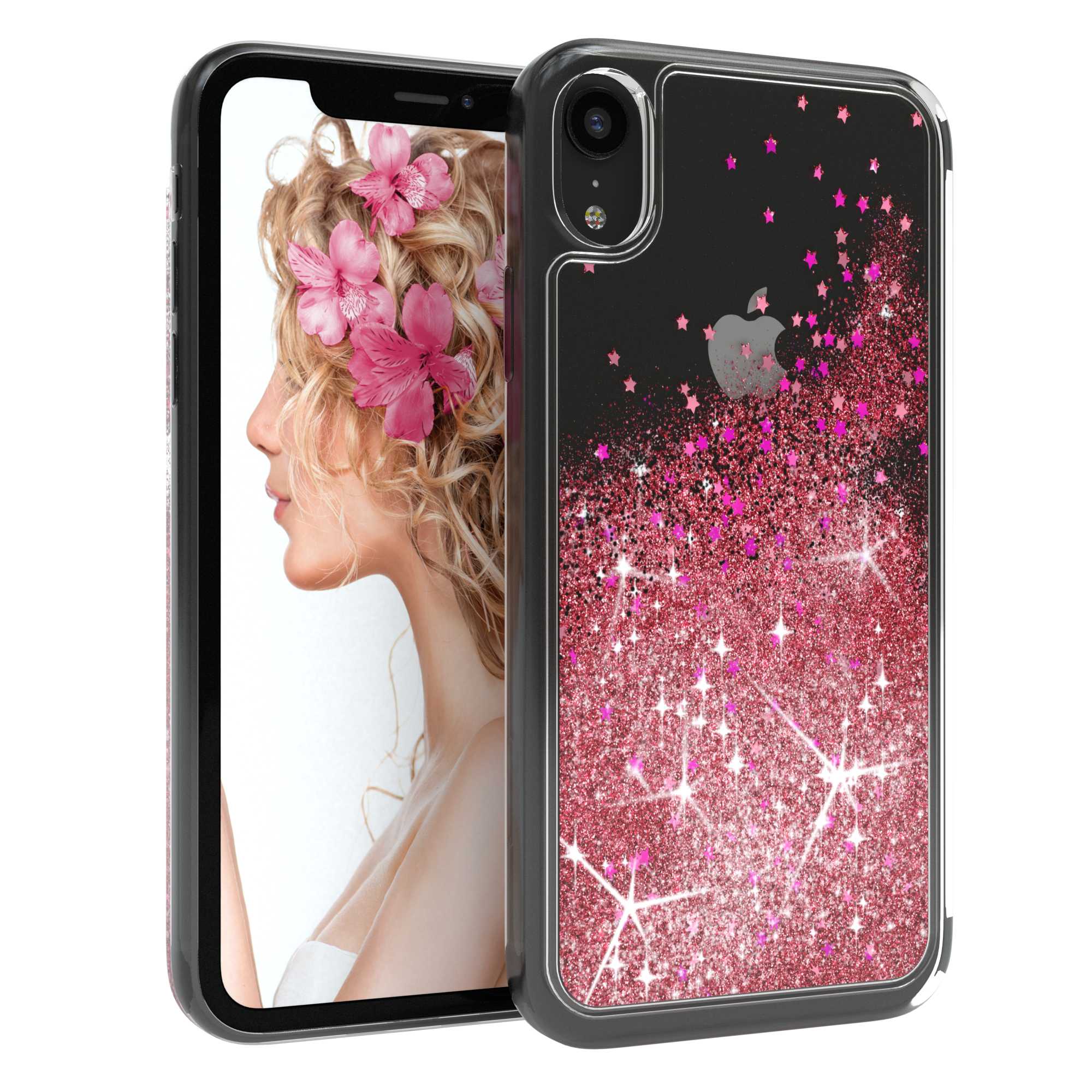 Telefon mit Hülle, rosa Glitzersterne. Frau mit Blumen im Haar im Hintergrund.