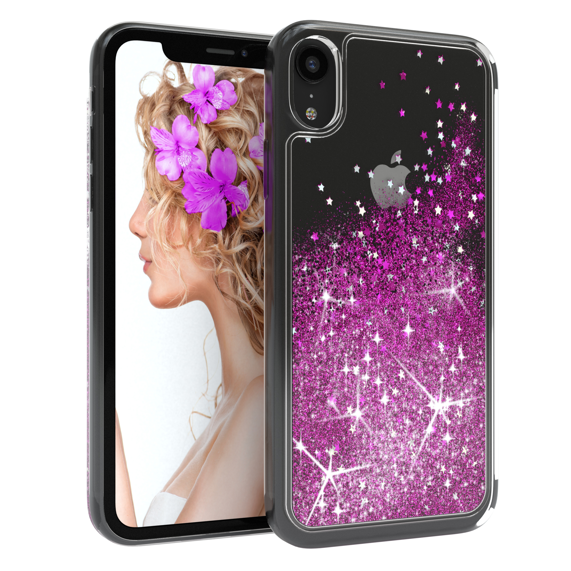 Telefon in Hülle mit rosa Glitzer, Frau im Hintergrund mit lila Blumen im Haar.
