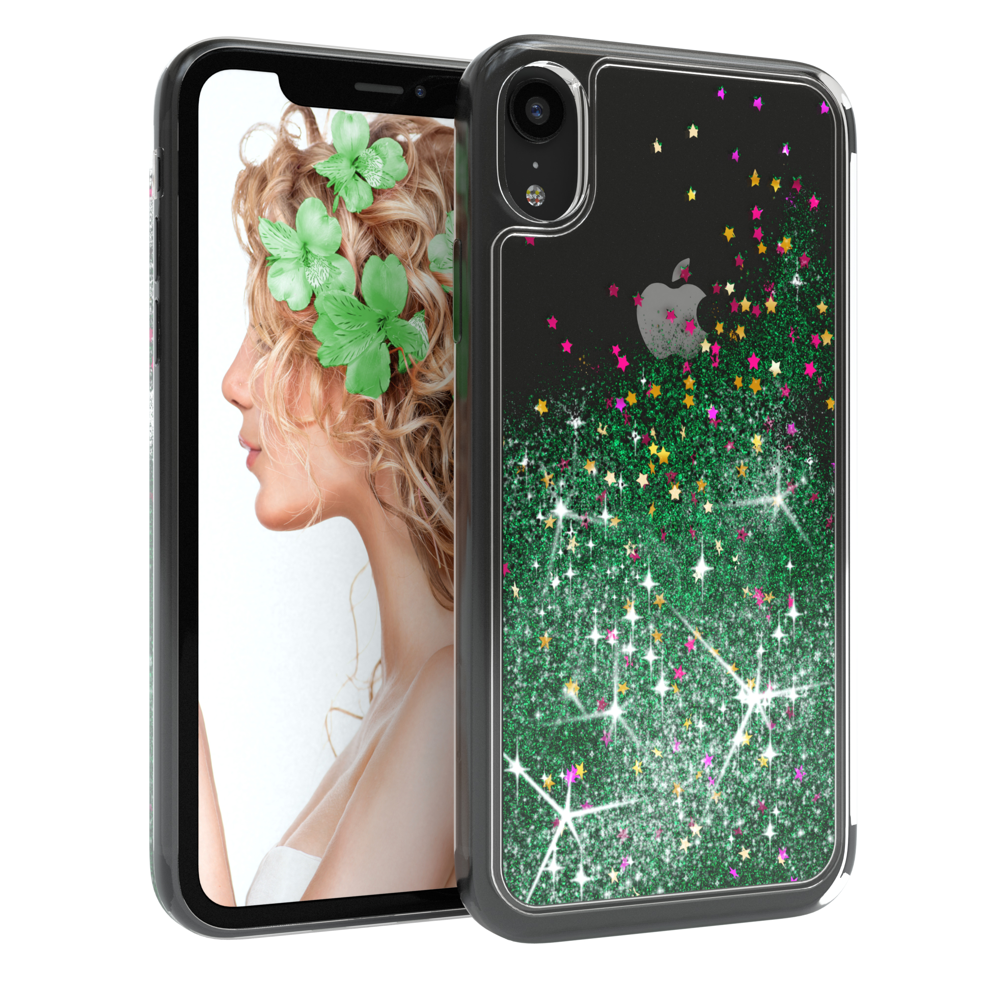 Telefon mit grüner Glitzerhülle und einem Frauenprofil mit grünen Blumen auf dem Bildschirm.