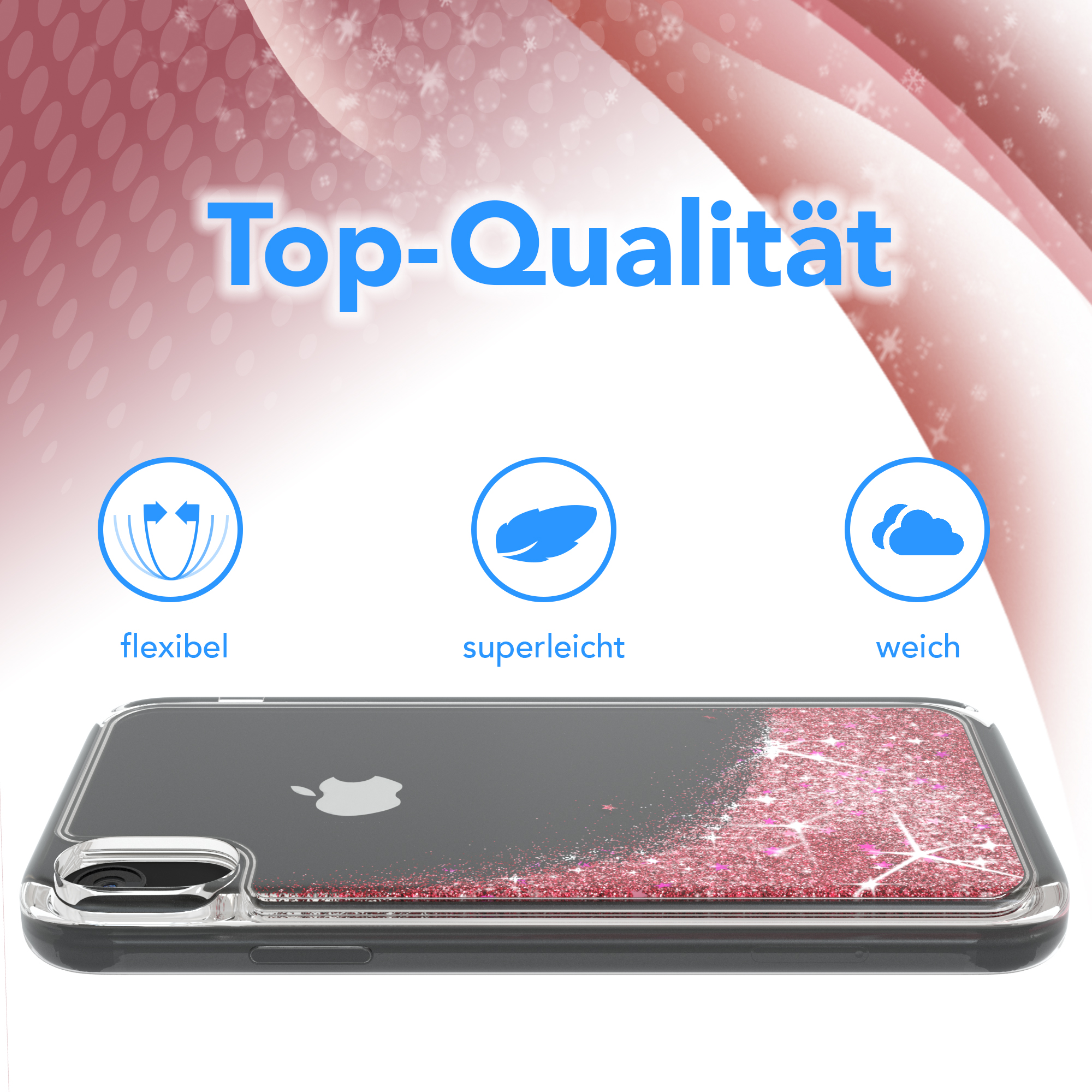 Transparente Handyhülle mit schwarzem Telefon, rosa Glitzer-Design und weißen Icons.