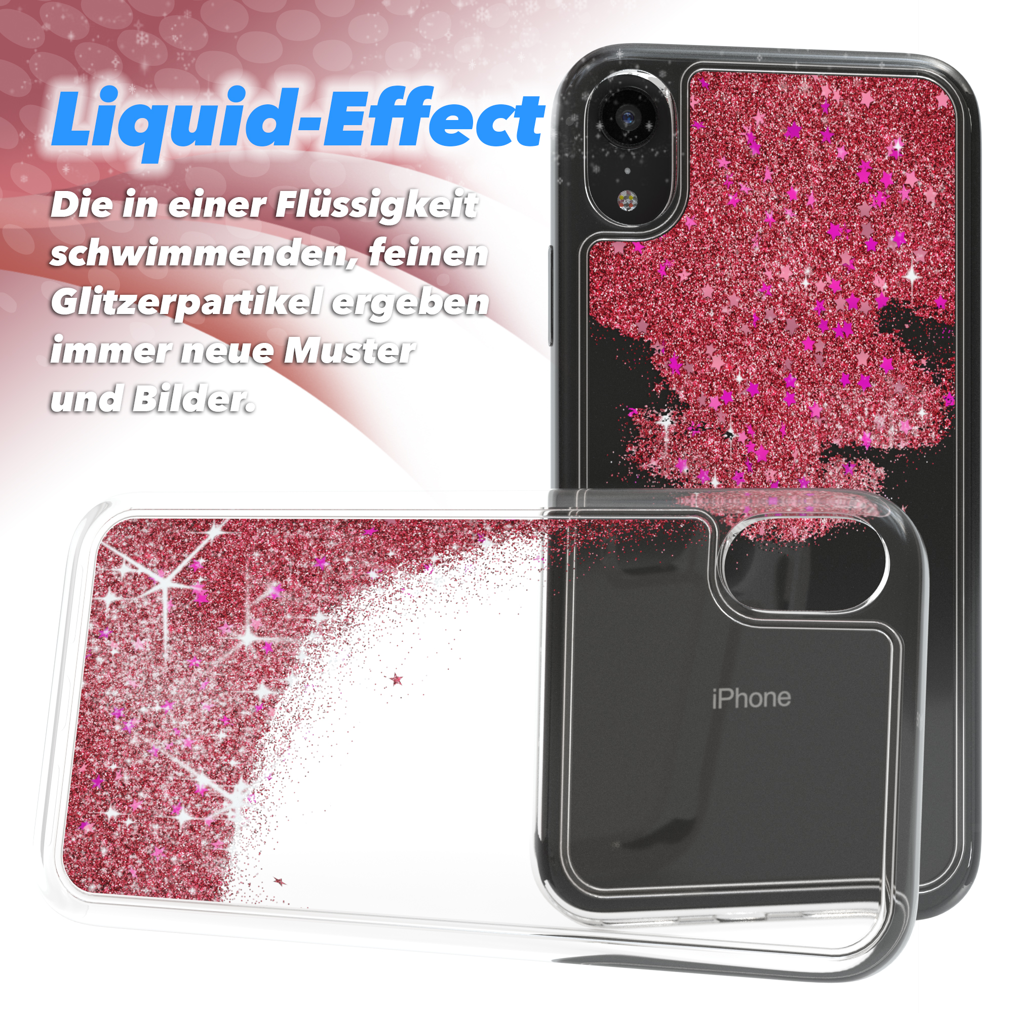 Rosa Glitzer-Handyhülle. Liquid-Effect-Text. Hülle ist transparent, glitzernd rosa mit Sternen.