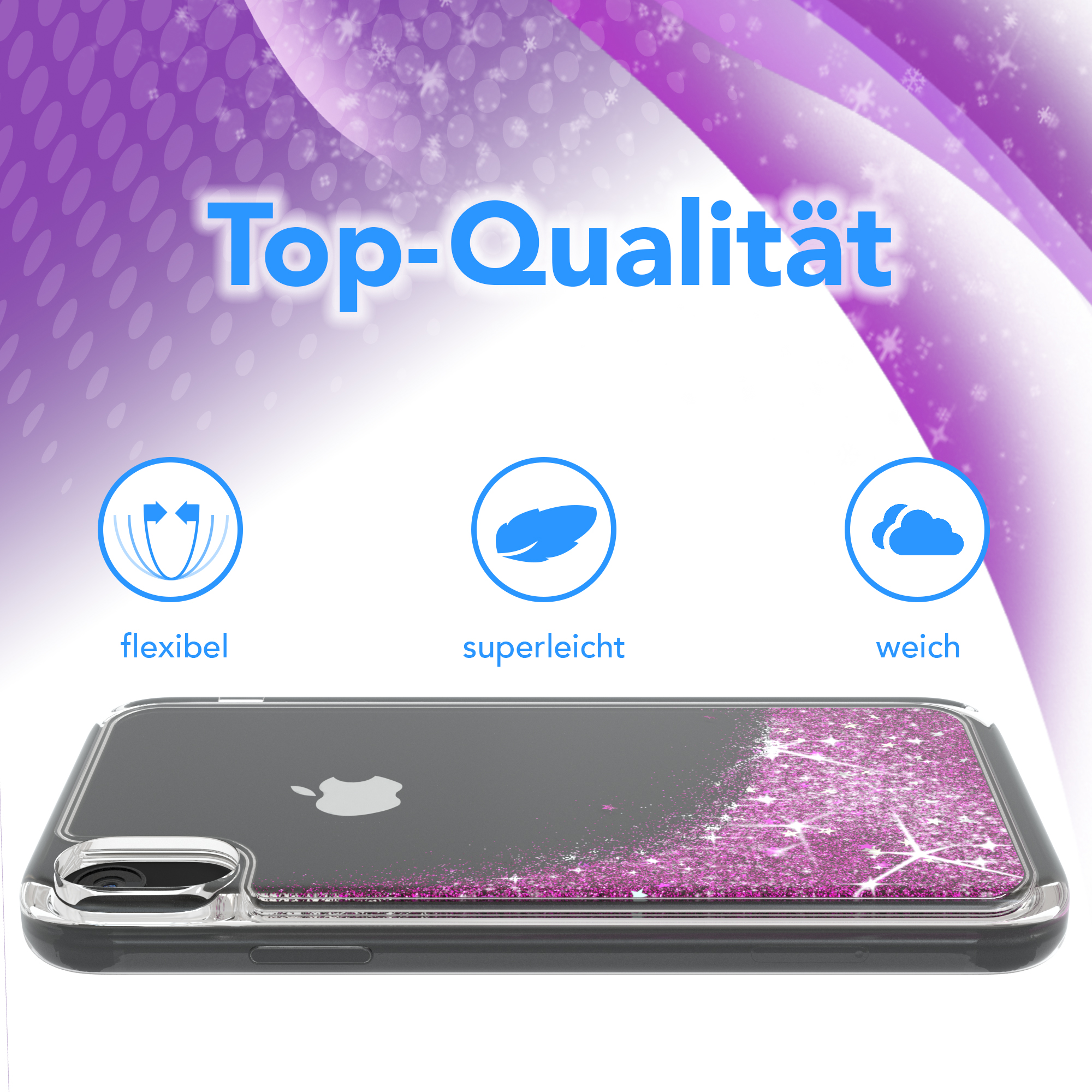 Eine Handyhülle mit Glitzer und dem Apple-Logo. Die Hülle ist transparent und zeigt das Telefon im Inneren.