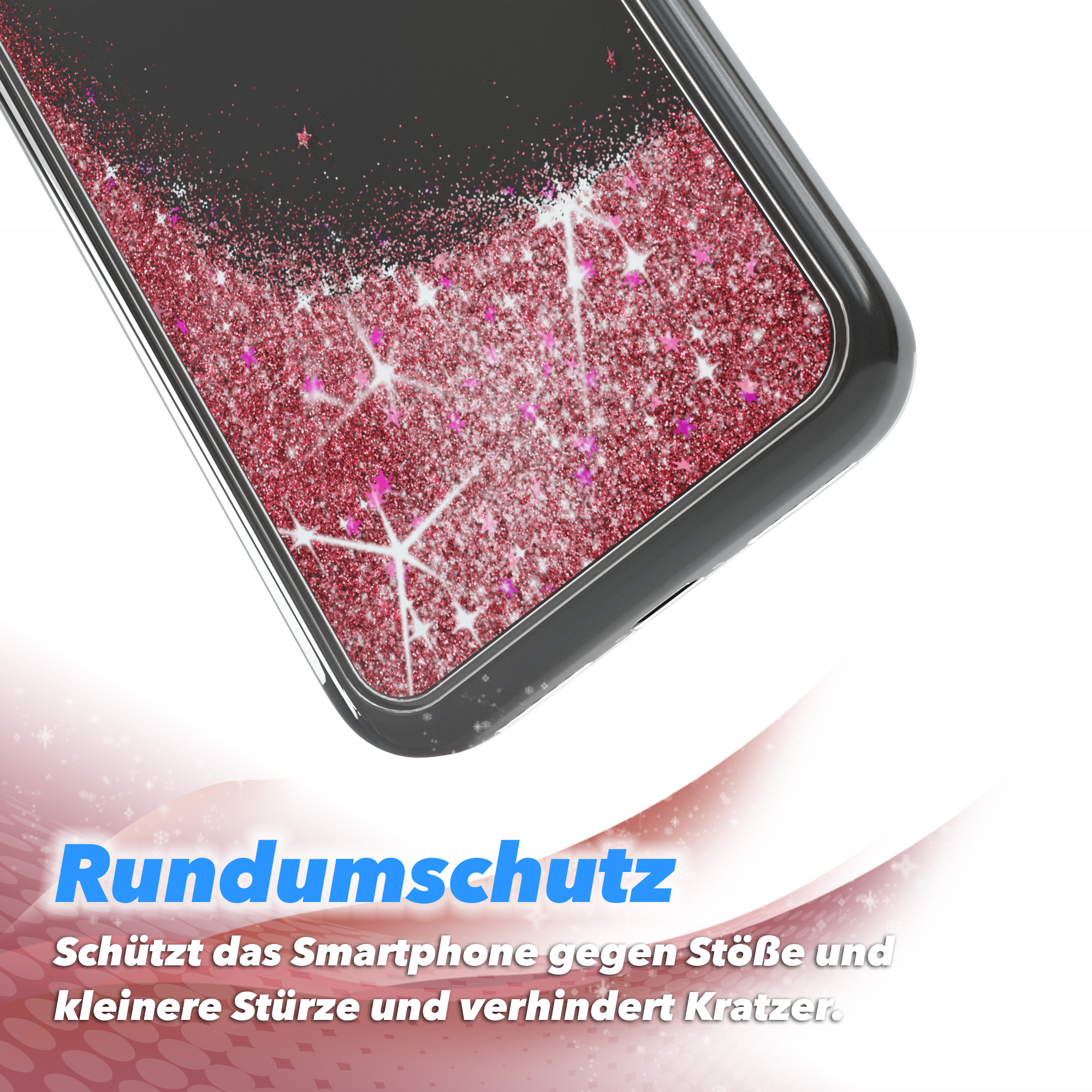 Nahaufnahme einer durchsichtigen Handyhülle mit pinkfarbenem Glitzer und Sternen. Die Hülle scheint zu schützen.