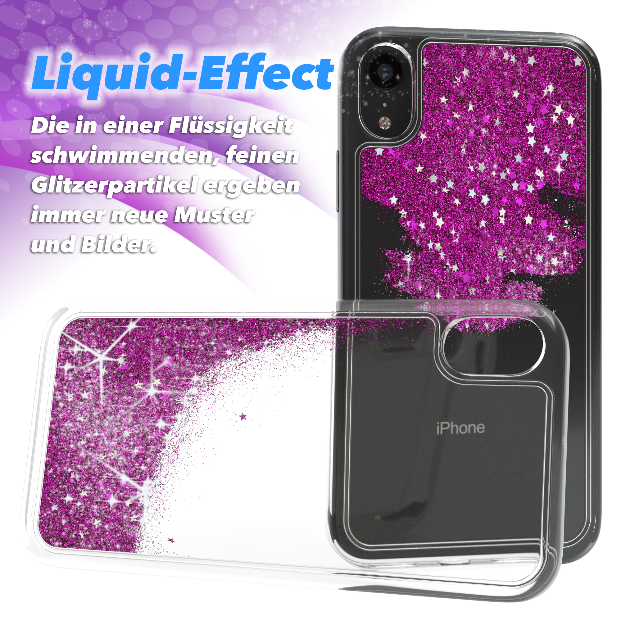 Transparente Handyhülle mit pinkfarbenem Glitzer. Die Hülle hat zwei Teile, offen und mit Telefon.
