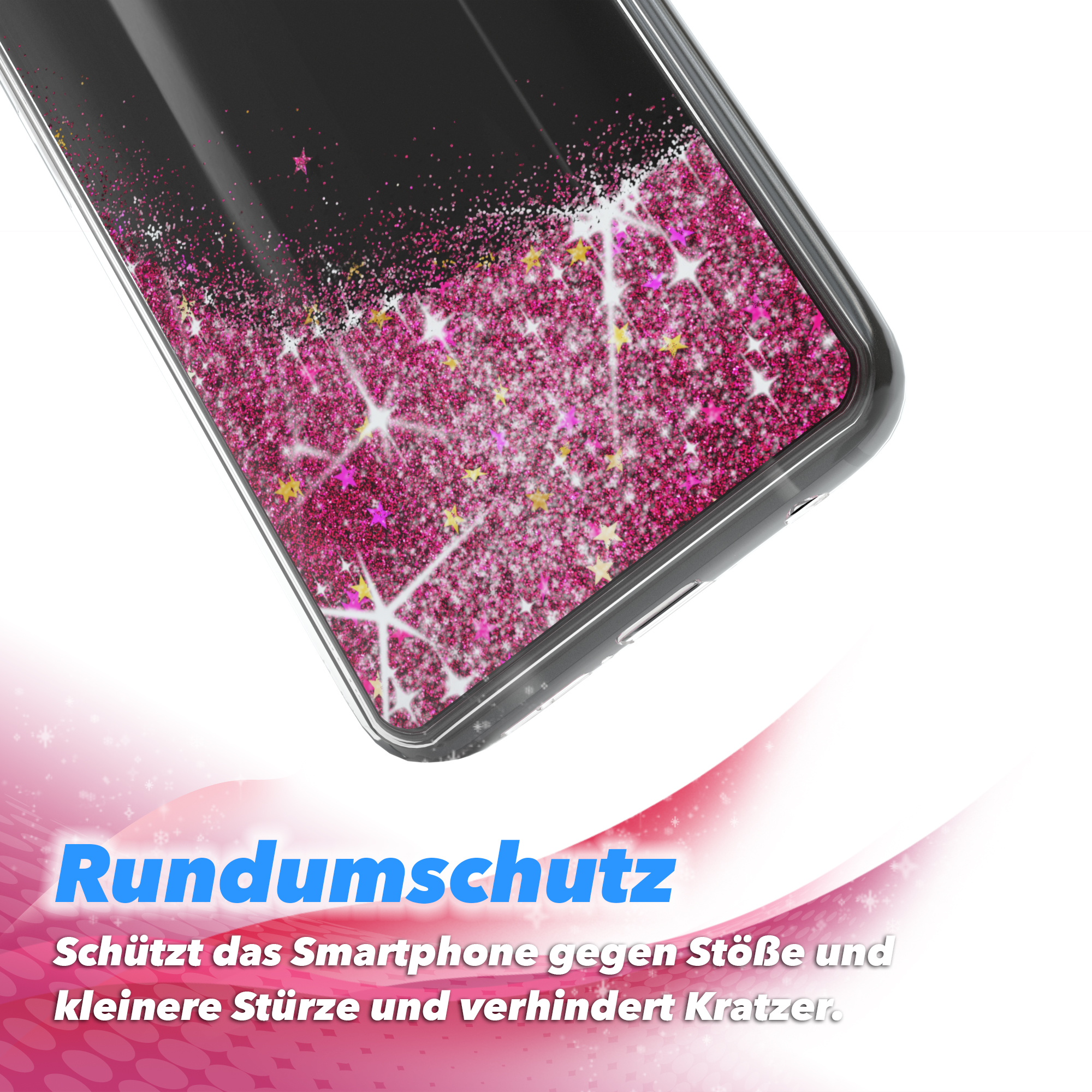 Nahaufnahme einer Handyhülle mit rosa Glitzer und Sternenmuster auf weißem Hintergrund mit rosa Welle.