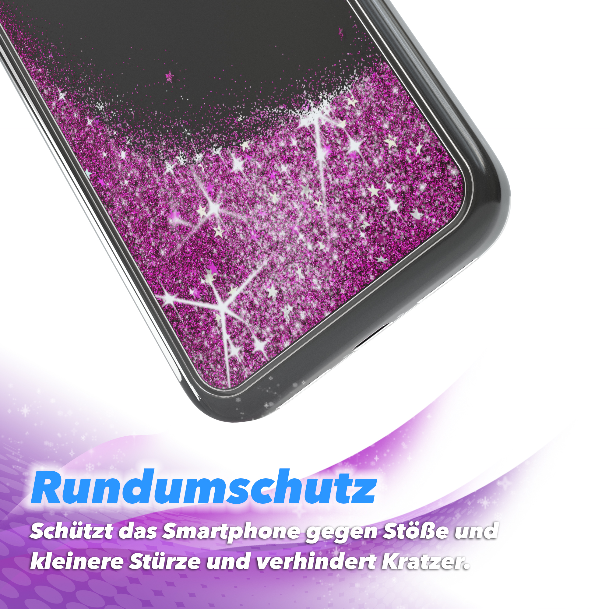 Handyhülle mit rosa Glitzer. Sterne, Glitzer und schwarzer Rand.