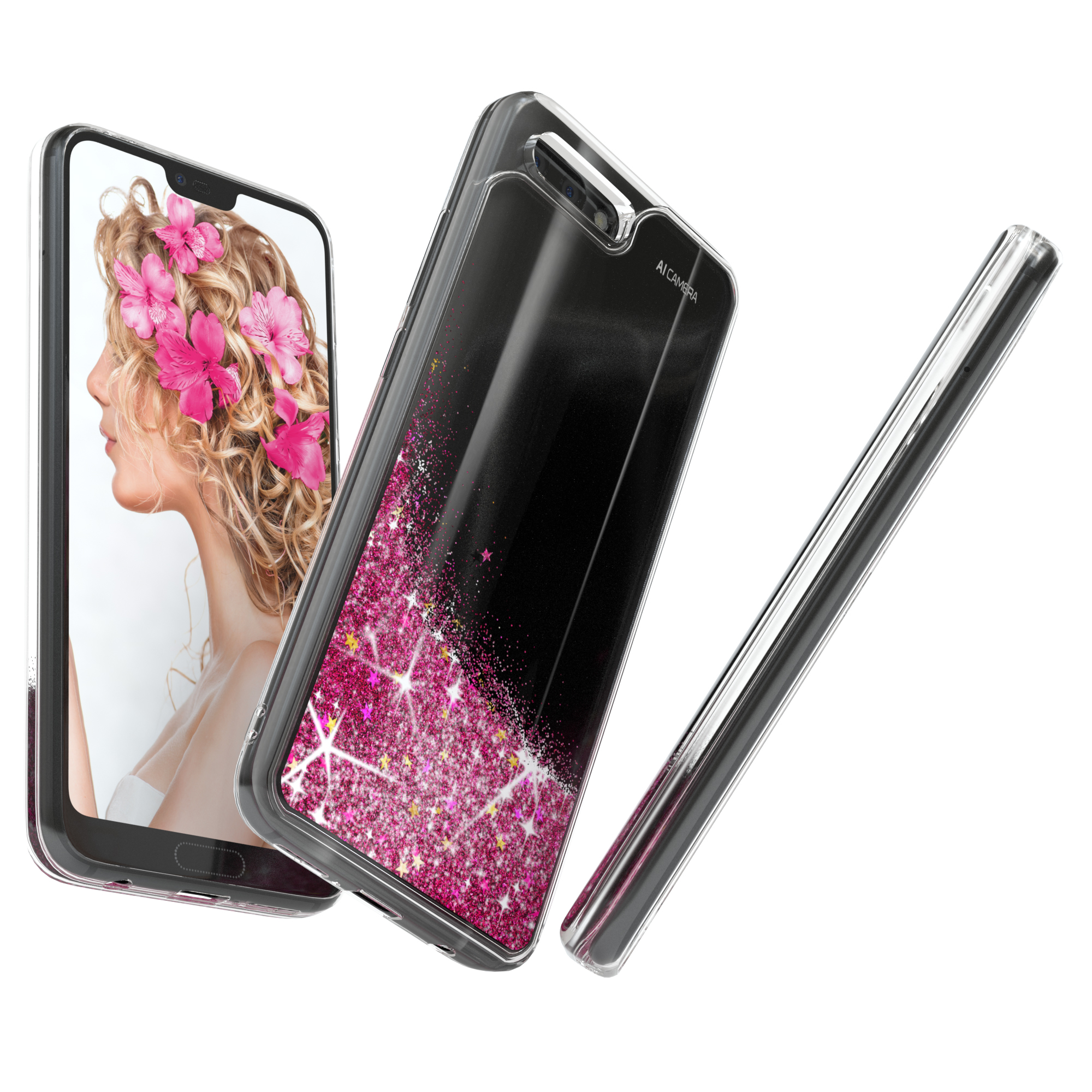 Eine Handyhülle mit rosa Glitzer und Sternen, neben einem Telefon, das eine Frau mit Blumen zeigt.