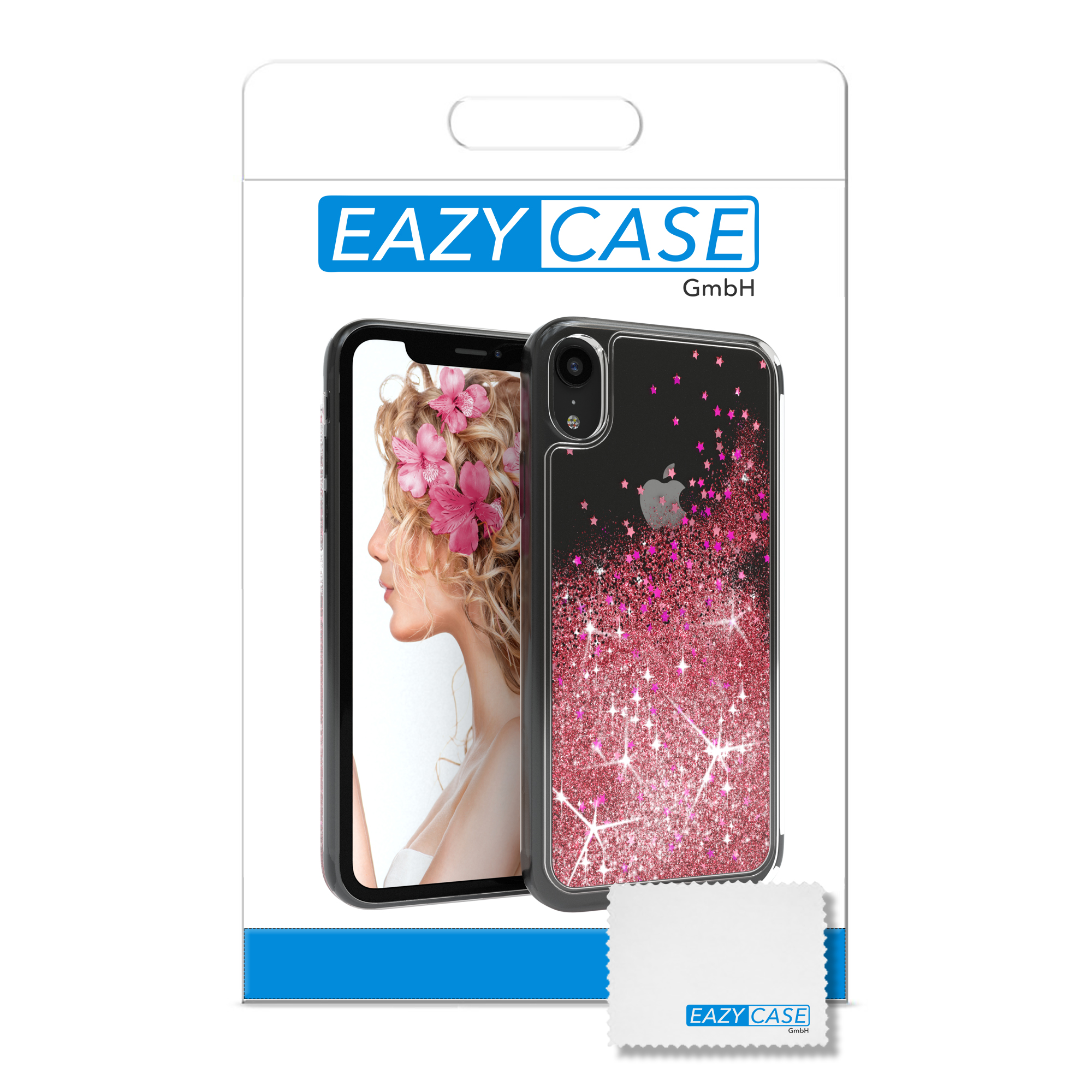 Handyhülle mit einem Telefon, das ein Profil mit Blumen zeigt. Hülle hat rosa Glitzer. Ein Reinigungstuch ist sichtbar.