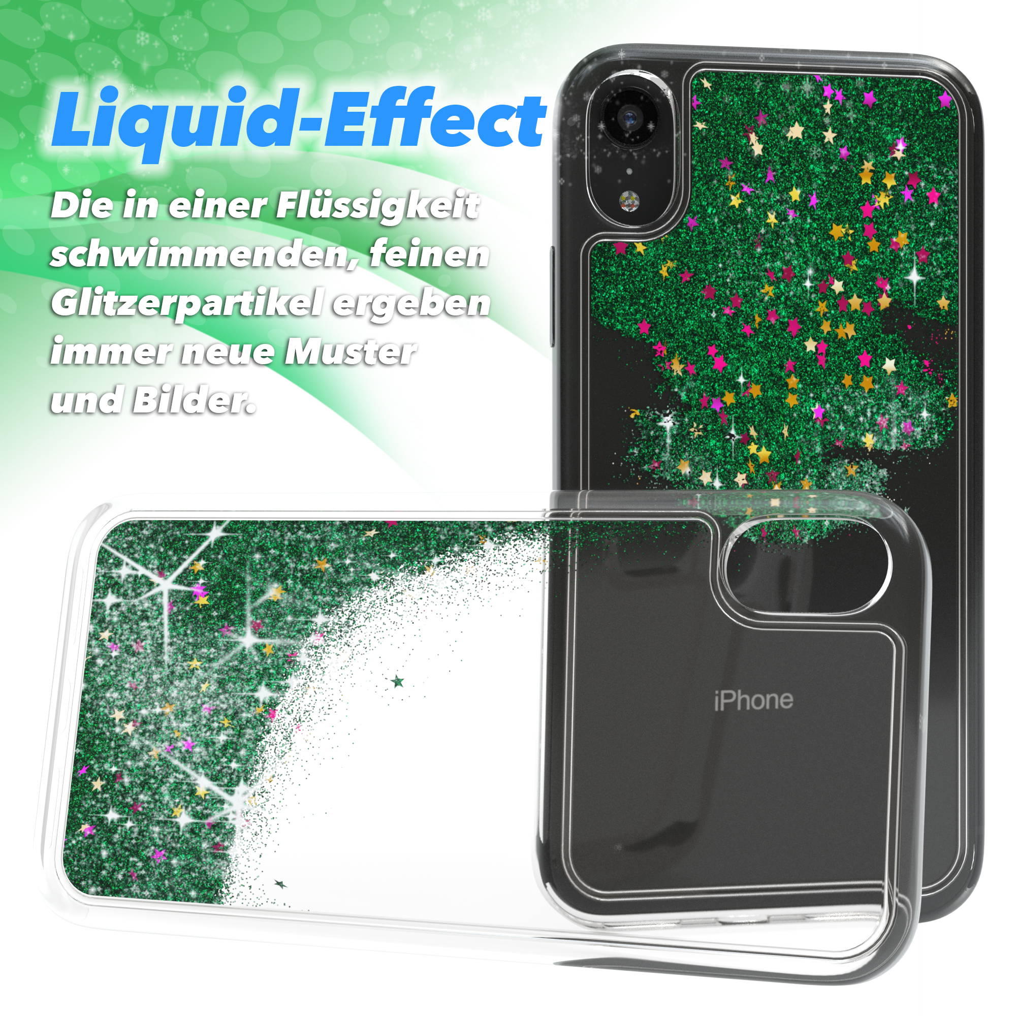 Transparente Handyhülle mit grünem Glitzer, mit dem Telefon im Inneren und einer offenen Hülle.