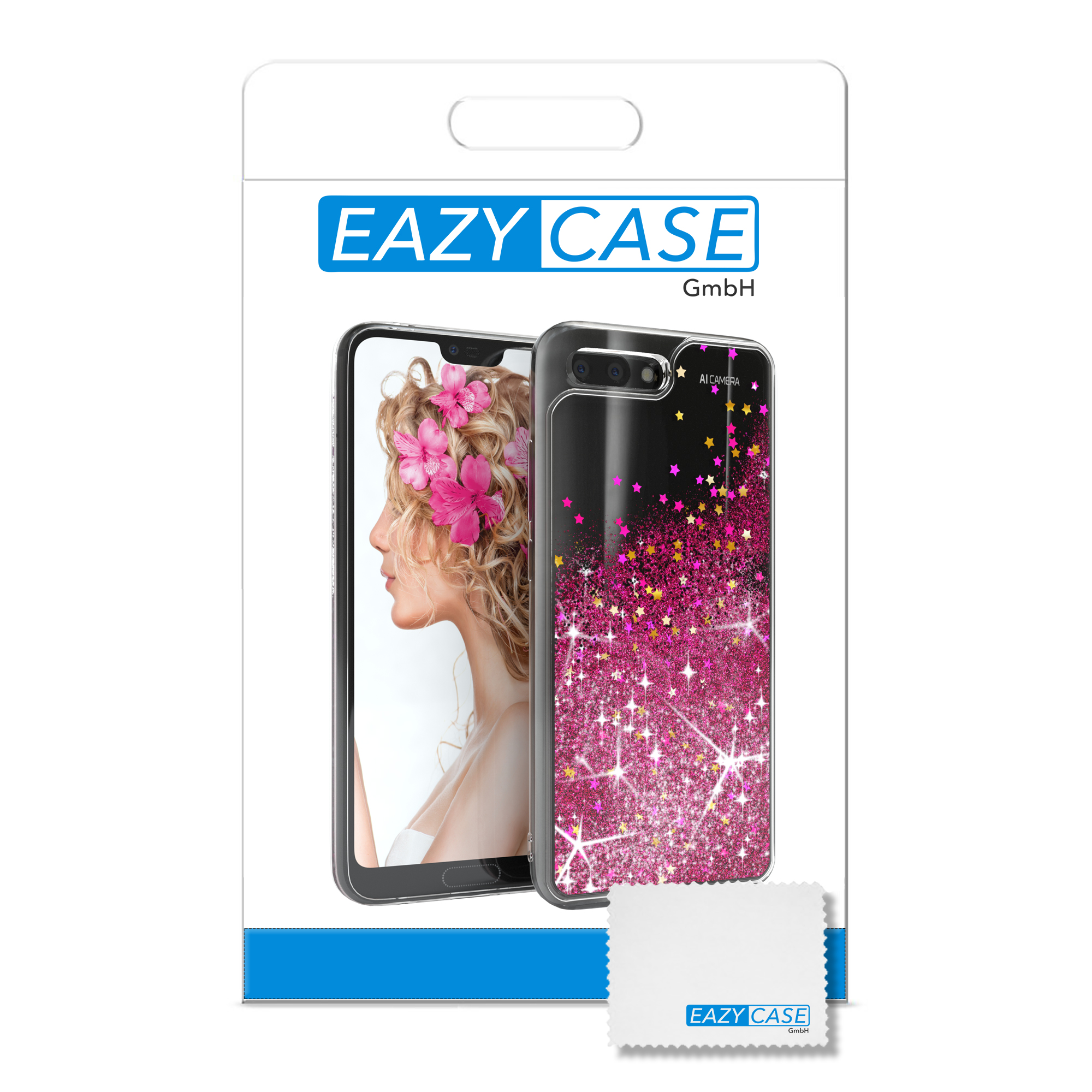 Eine Handyhülle mit dem Bild eines Models, in einer Verpackung mit Reinigungstuch.