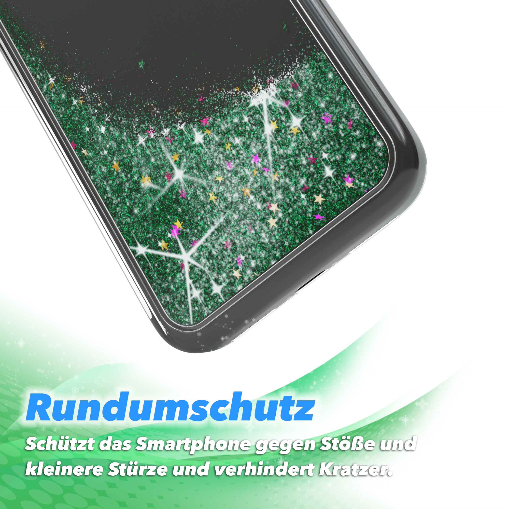 Nahaufnahme einer Handyhülle mit grünem Glitzer und Sternen. Wörter 'Rundumschutz' und Schutzdetails sind sichtbar.