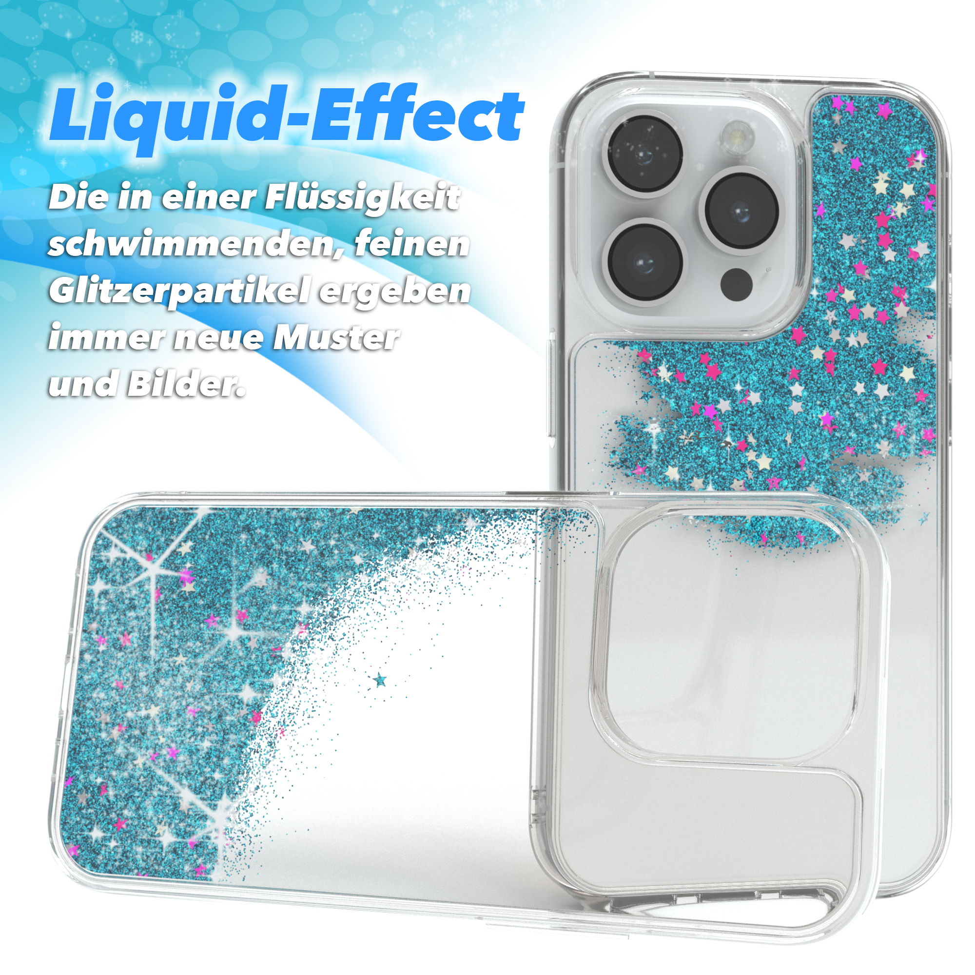 Handyhülle mit Flüssigkeits-Glitzer-Effekt, zeigt Handyhülle und Komponenten.