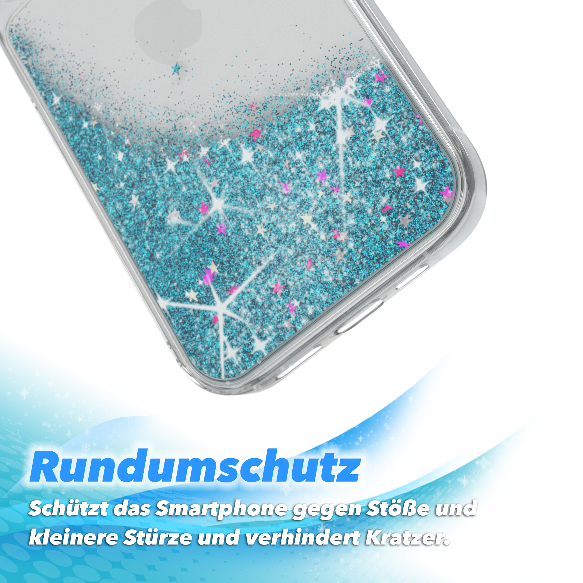 Nahaufnahme einer Handyhülle mit blauem Glitzer. Text und wellenförmiges Design.