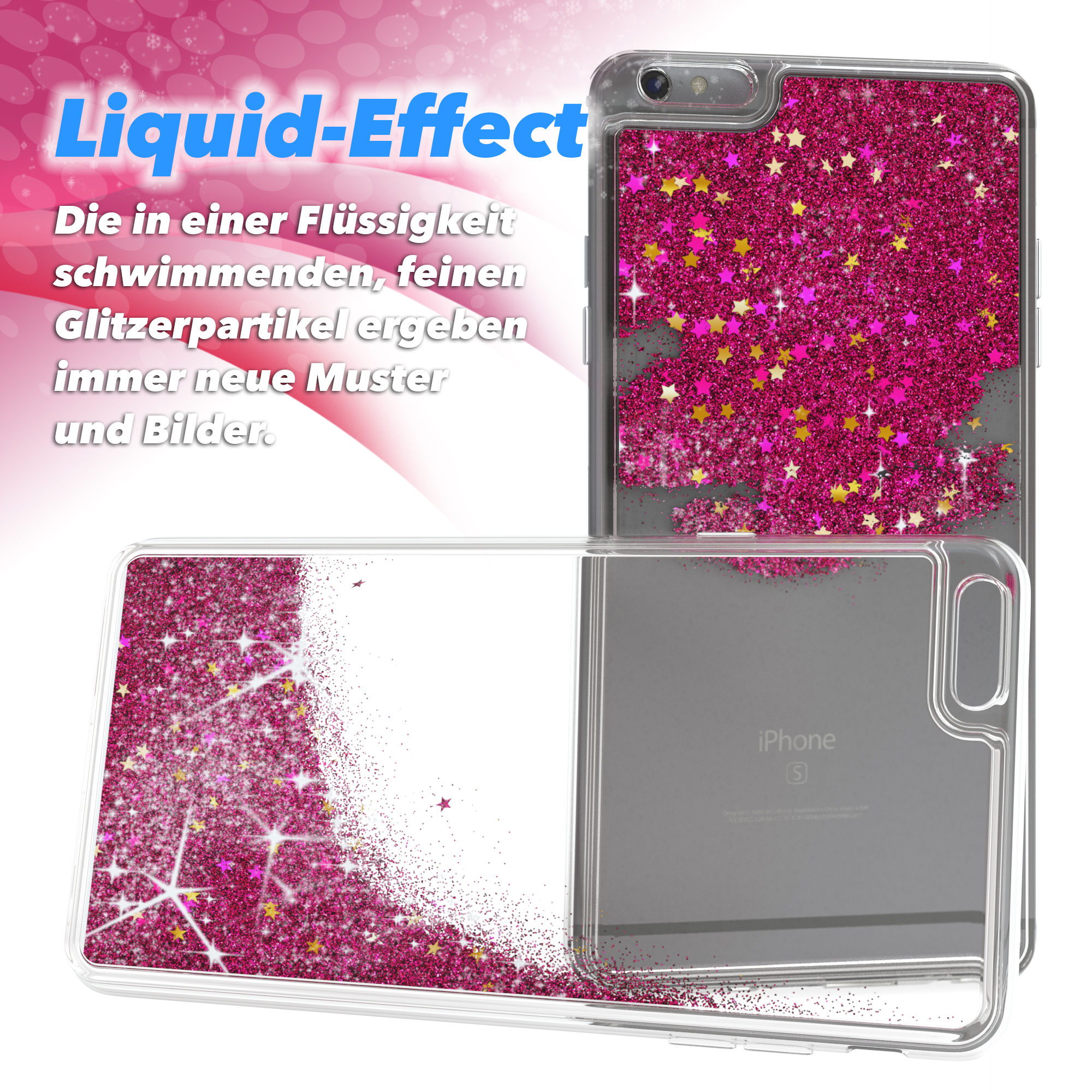Handyhülle mit pinkem Glitzer und Sternen. Flüssigkeitseffekt mit glitzernden Partikeln. Die Hülle ist klar, iPhone-Form.