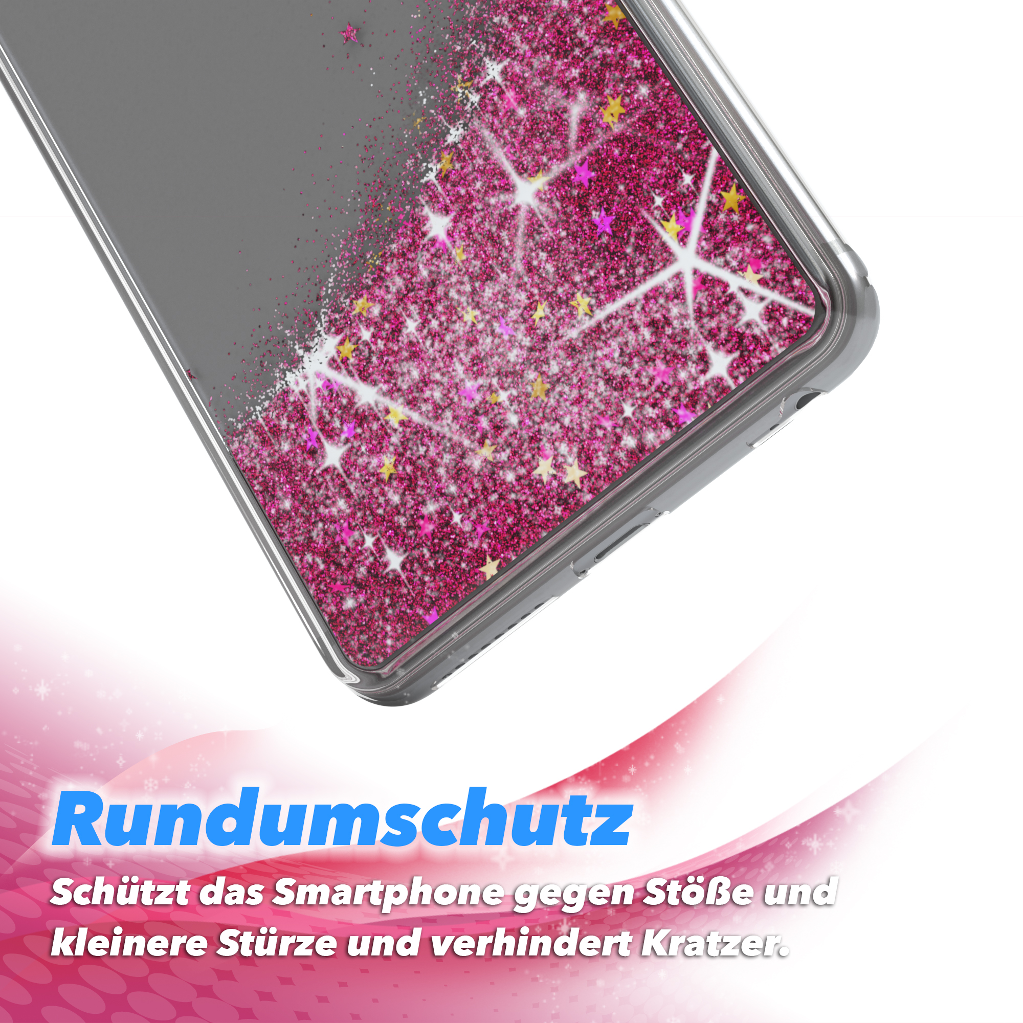 Nahaufnahme einer Handyhülle mit pinkem Glitzerdesign. 'Rundumschutz'-Text unten.