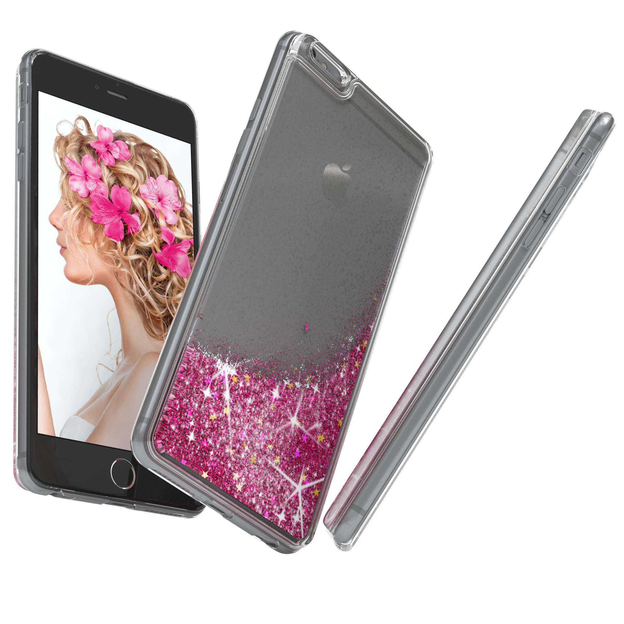 Telefon mit transparenter Hülle und rosa Glitzer. Modellprofil mit Blumen. Hülle und Telefon.