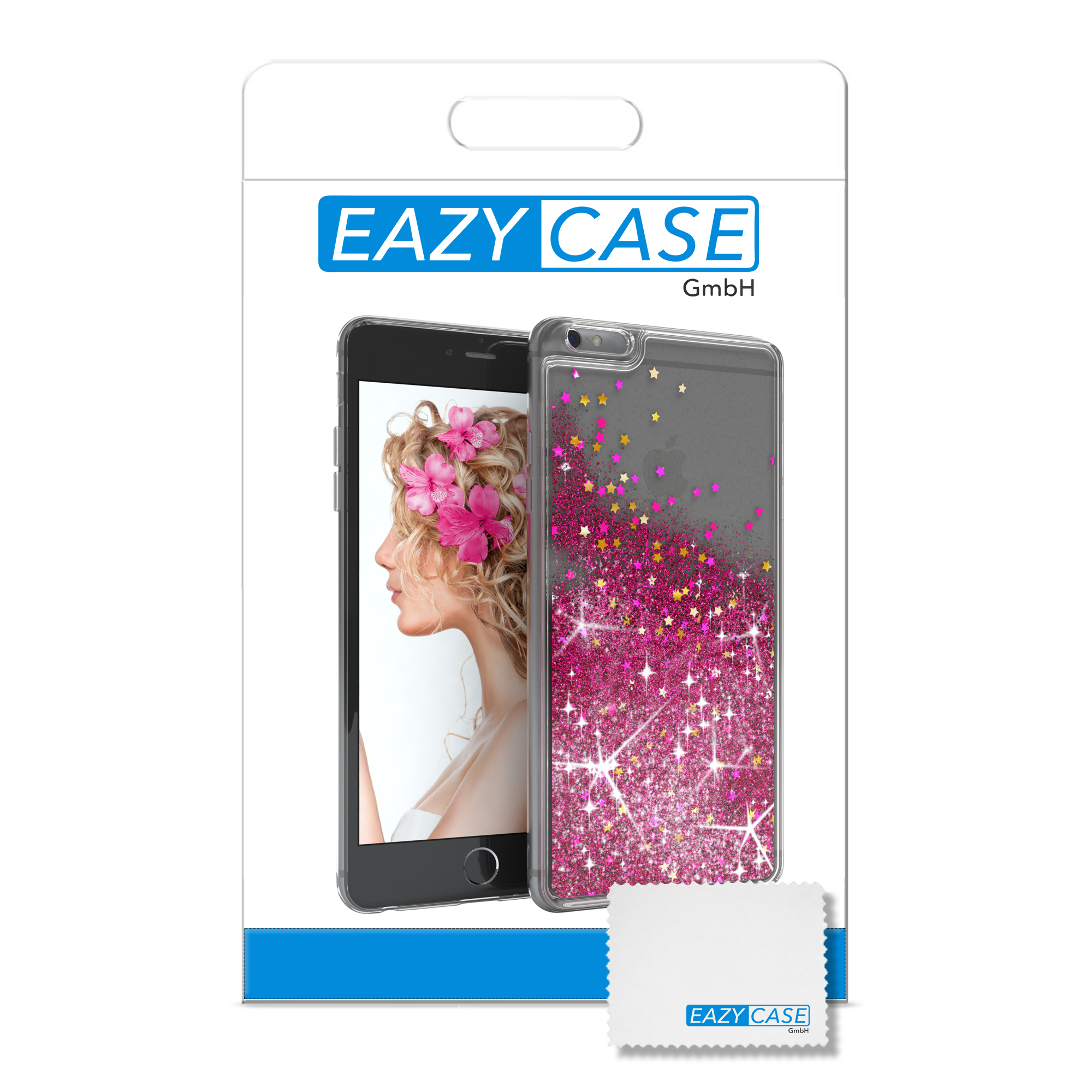 Ein Telefon in einer transparenten Hülle mit pinkfarbenem Glitzer und Sternen, verpackt mit einem Reinigungstuch.