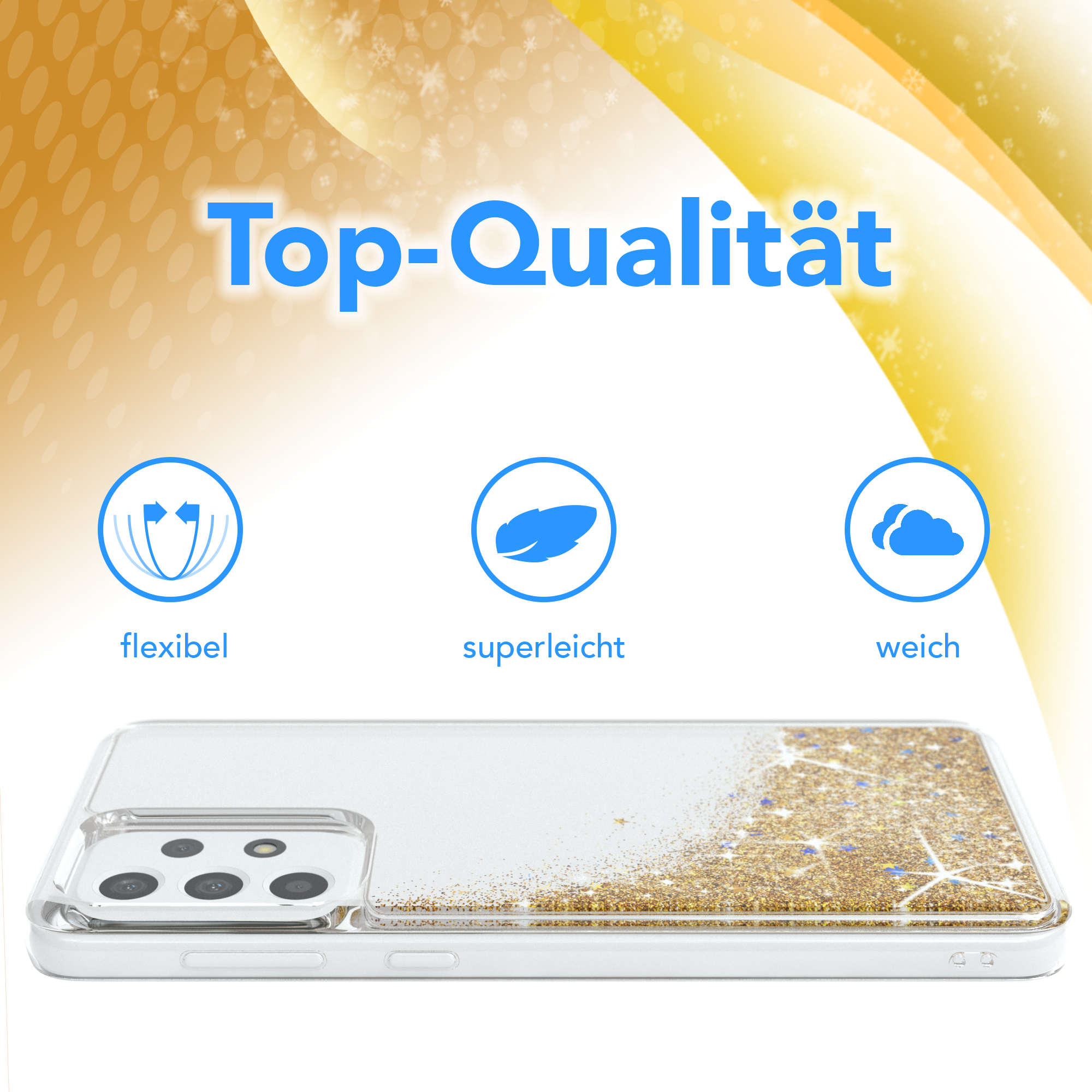 Transparente Handyhülle mit goldenem Glitzer und die Rückseite eines Telefons. Oben sind drei Symbole.