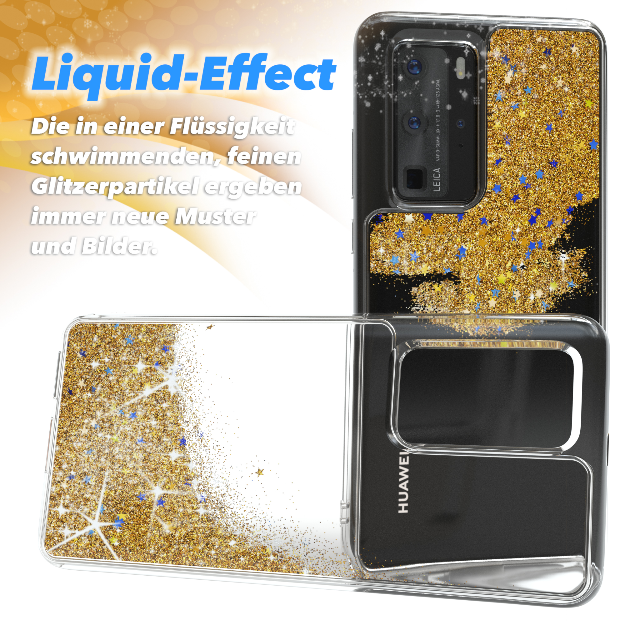 Handyhülle mit Flüssigkeitseffekt und goldenem Glitzer. Die Hülle ist geöffnet, mit Telefon.