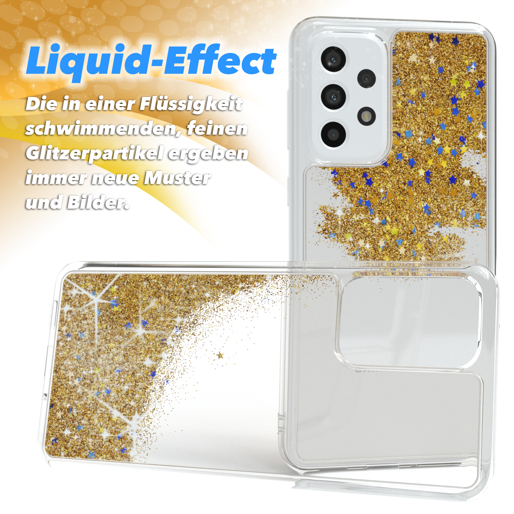 Transparente Handyhülle mit Goldglitter, blauen Sternen und Text Liquid-Effect.