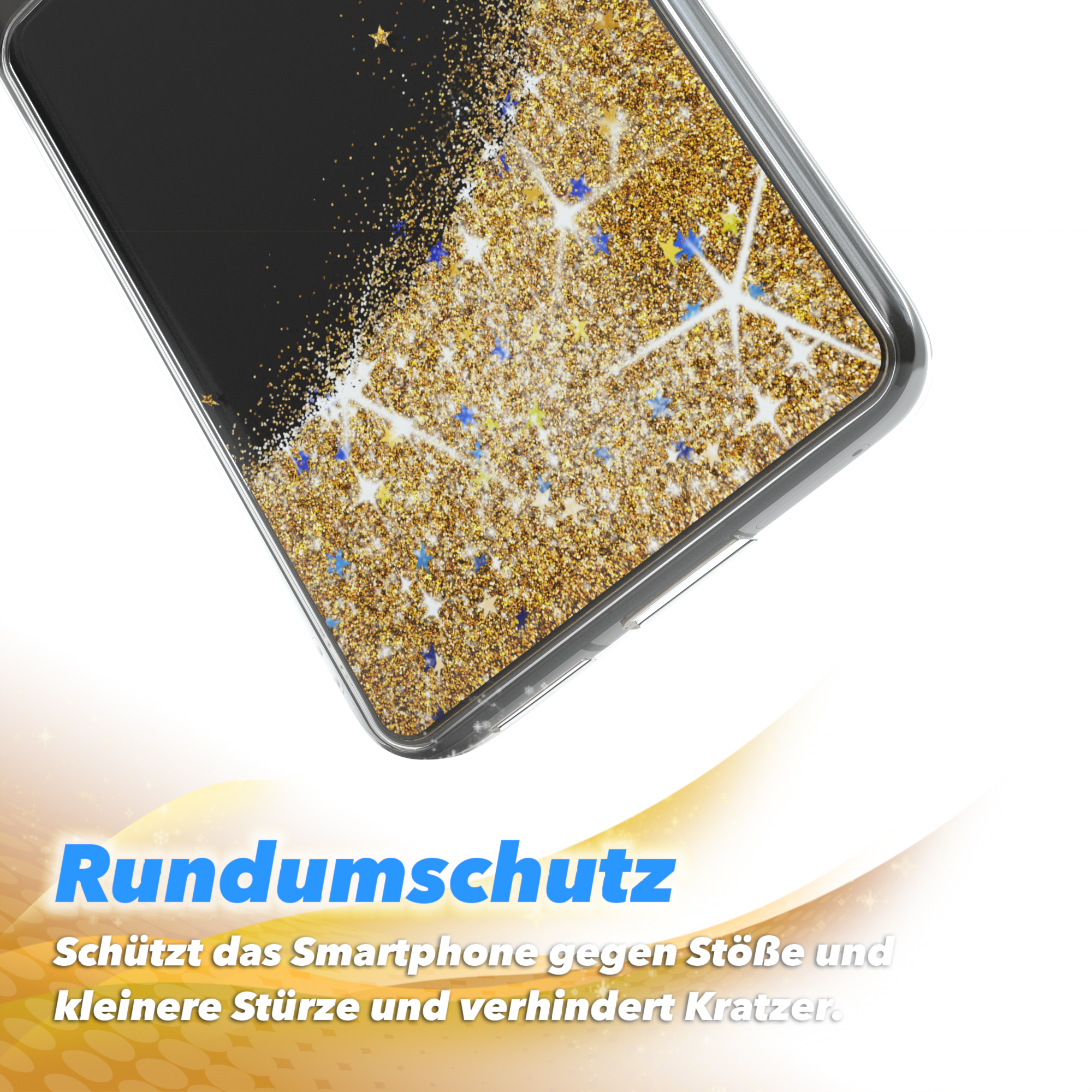 Nahaufnahme der Handyhülle mit goldenem Glitzer. Schwarzes Telefon. Text: Rundumschutz.