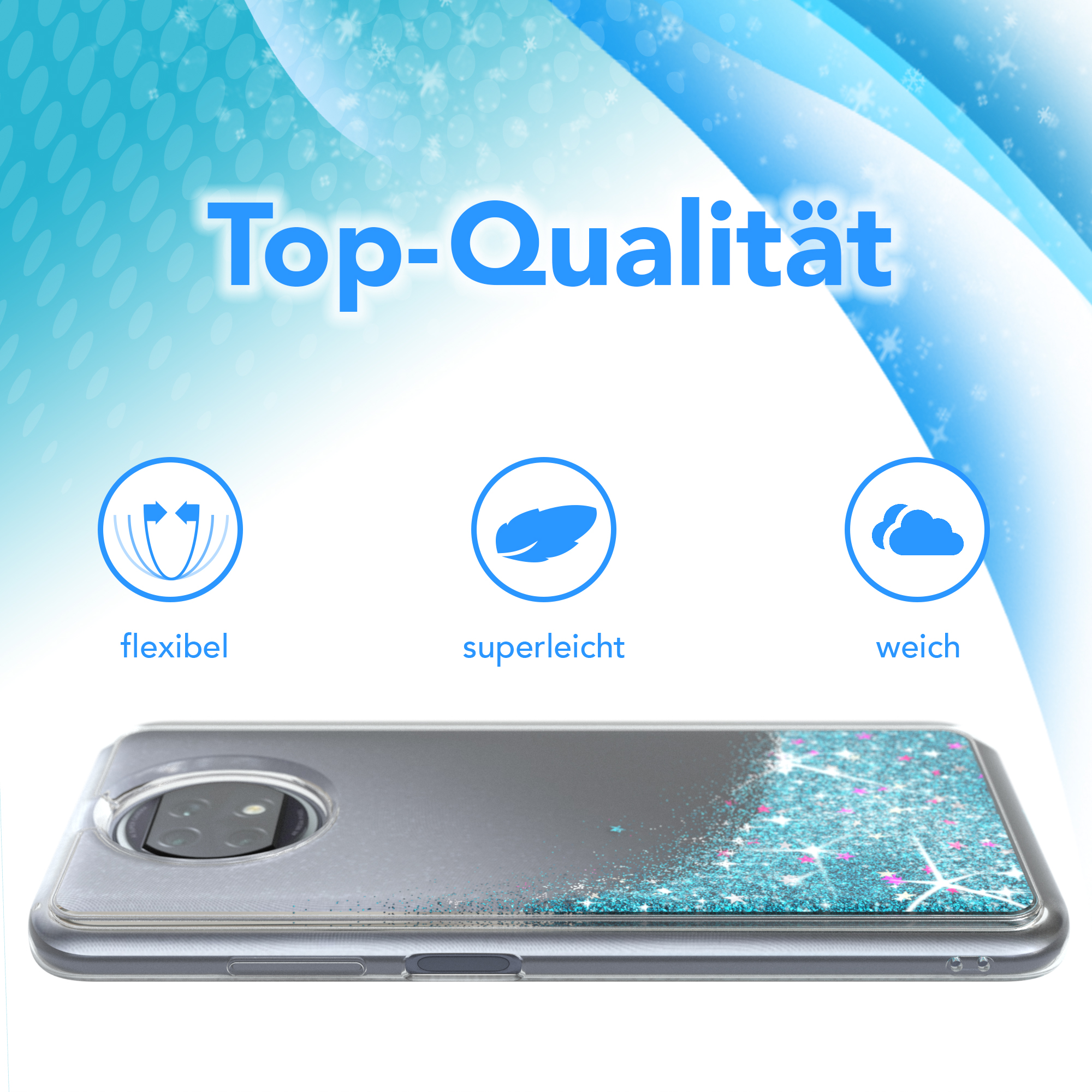 Handyhülle mit Glitzer. Die Hülle befindet sich auf einem Telefon, mit den Worten Top-Qualität und Symbolen.