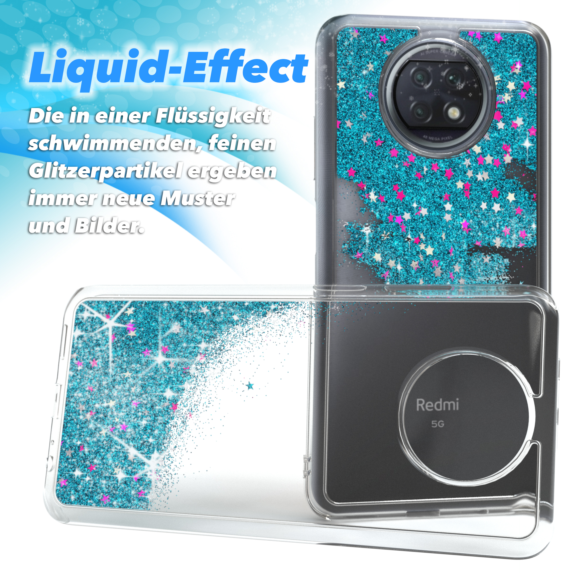 Handyhülle mit Flüssigkeits-Glitzereffekt und blauen und rosa Sternen, das Telefon im Inneren zeigend.