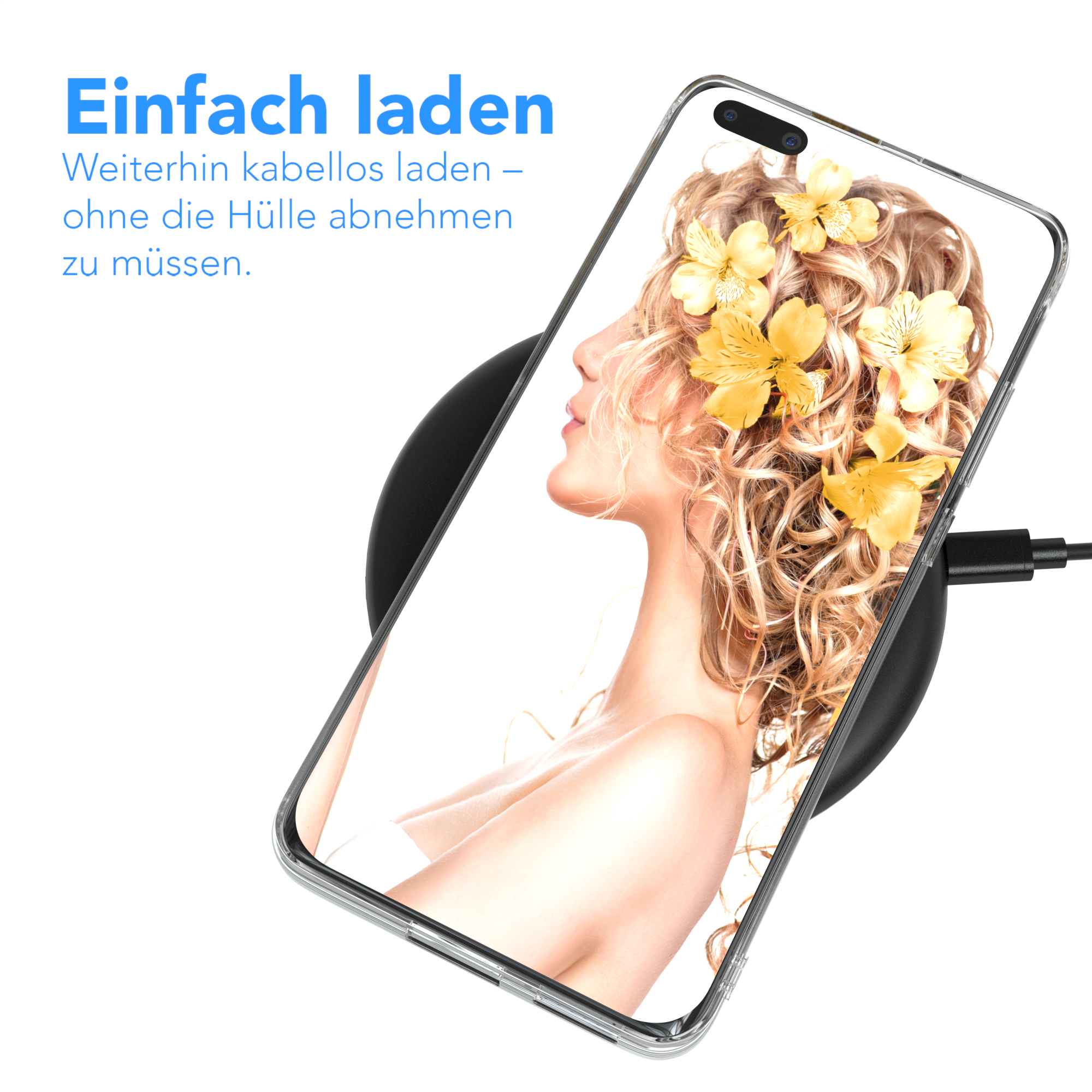 Telefon auf Ladepad. Frau mit Blumen im Haar auf dem Bildschirm.
