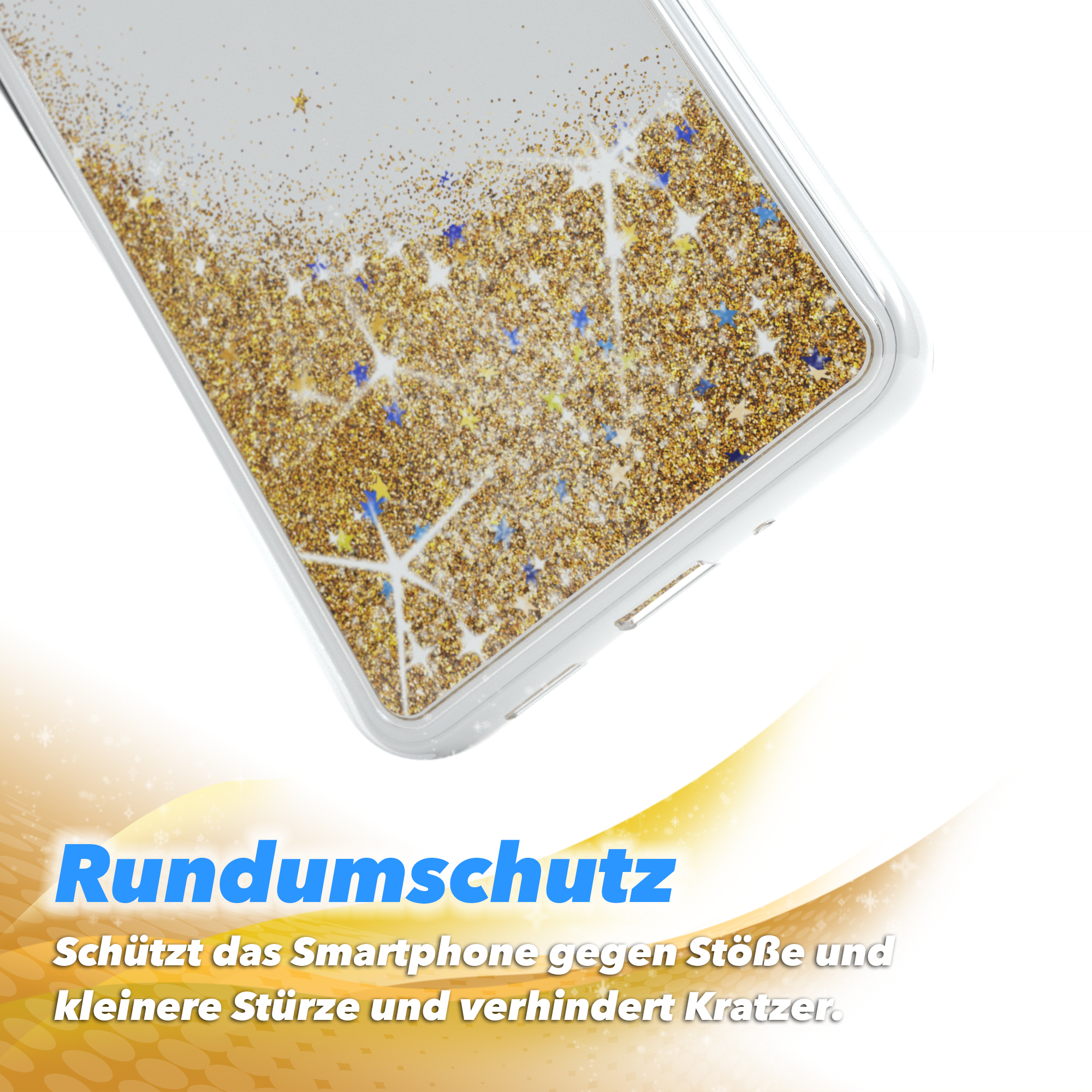 Nahaufnahme einer Handyhülle mit Gold- und Blauglitzer-Design auf weißem Hintergrund mit gelber Welle.
