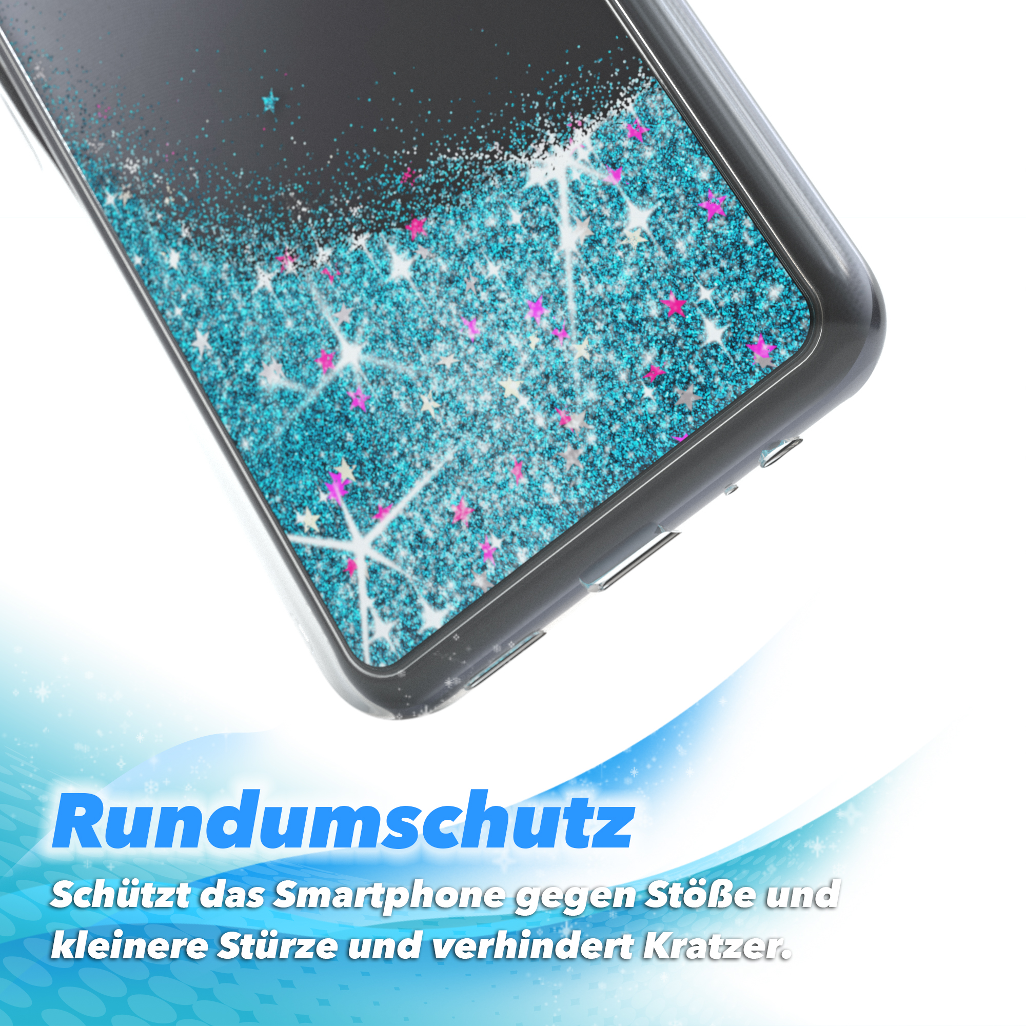 Nahaufnahme einer Handyhülle mit blauem und Glitzerdesign. Text am unteren Rand.