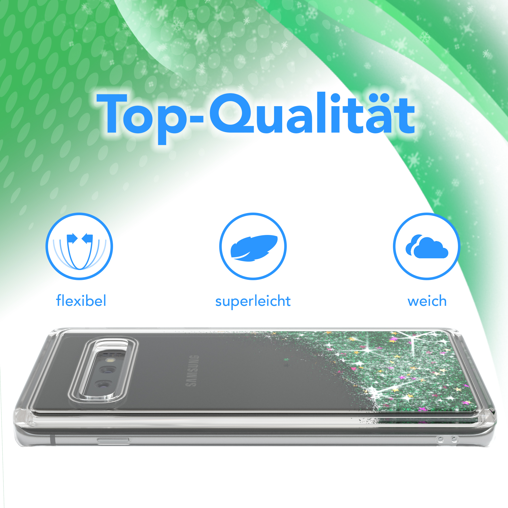 Handyhülle mit grünem Glitzer und Sternen. Telefon liegt auf weißer Oberfläche. Symbole für Flexibilität, leicht, weich.