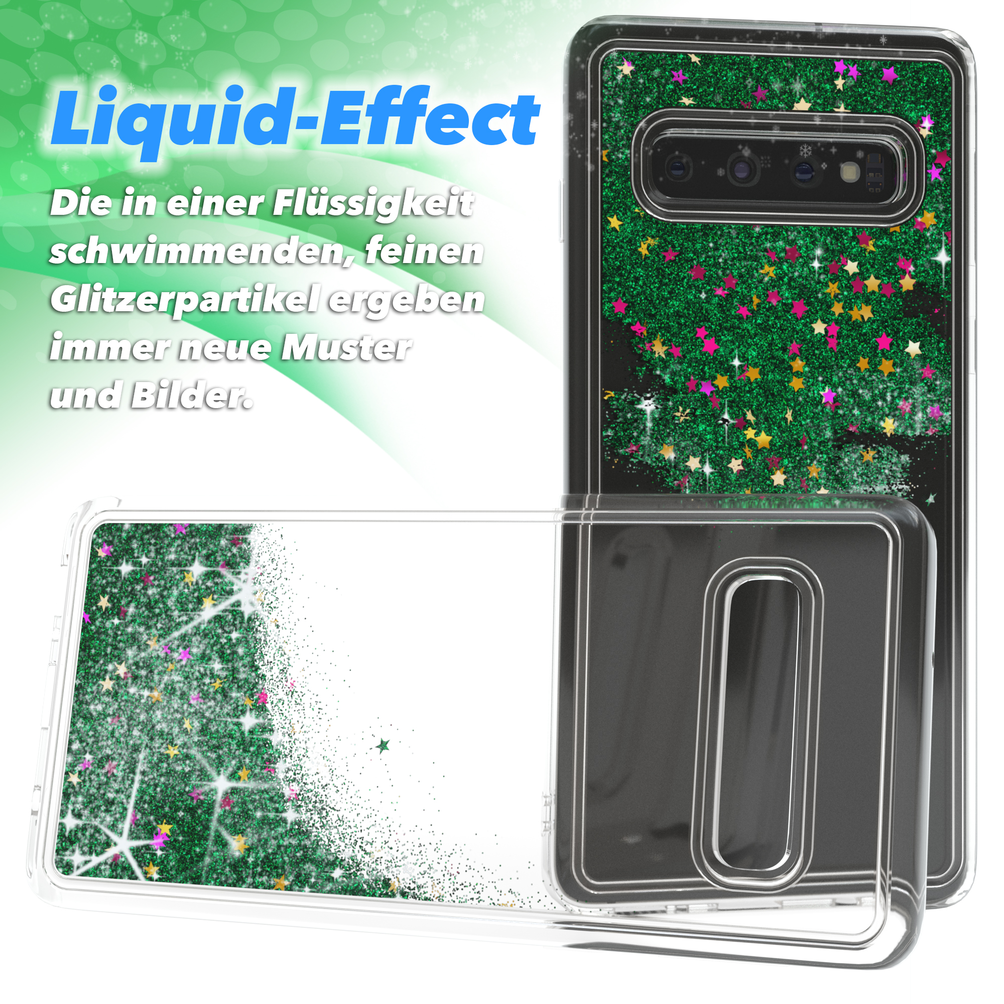 Flüssigeffekt-Handyhülle mit grünem Glitzer und Sternen. Der Text 'Liquid-Effect'.