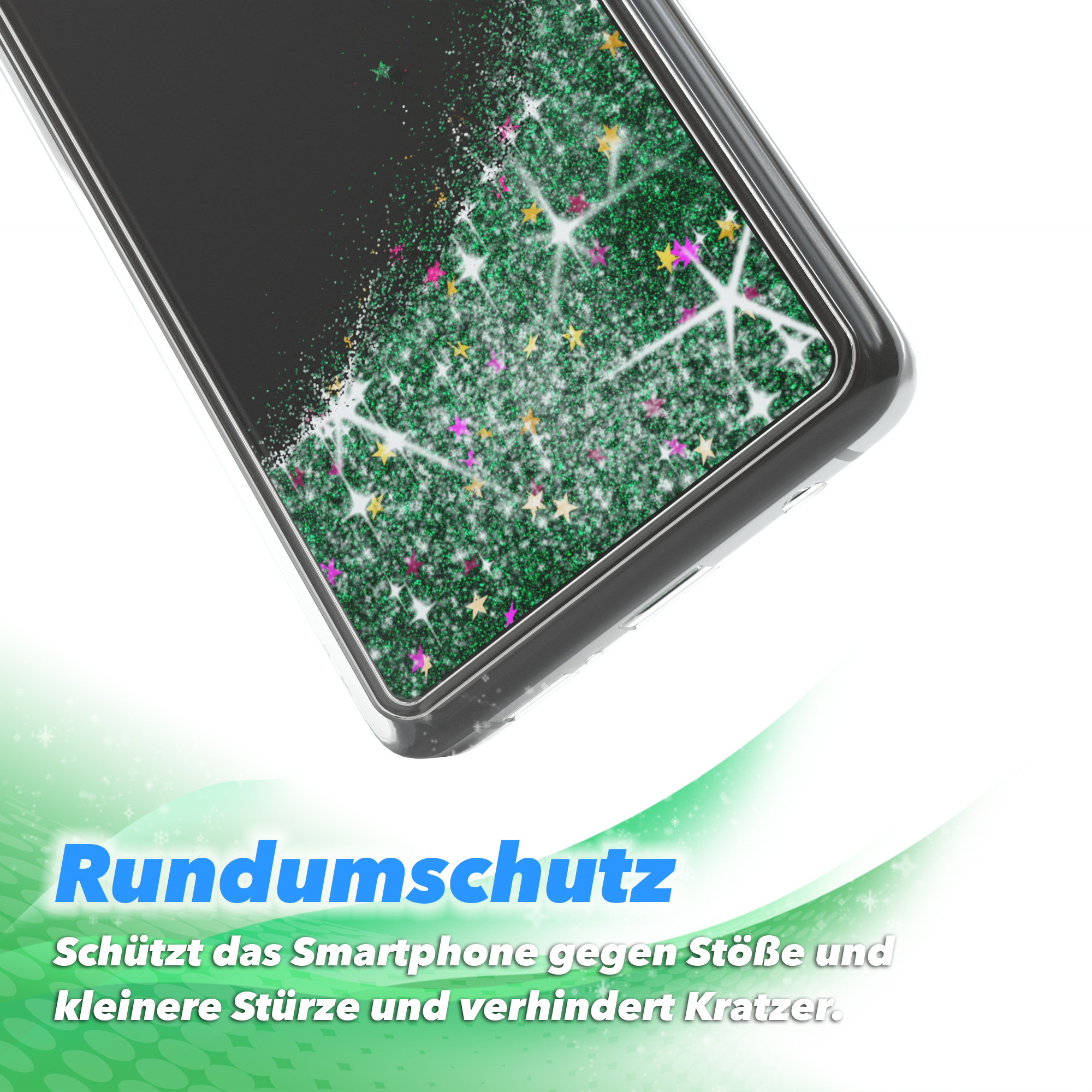 Handyhülle mit grünem Glitzereffekt. Grüne Sterne und Glitzer auf dem Display.