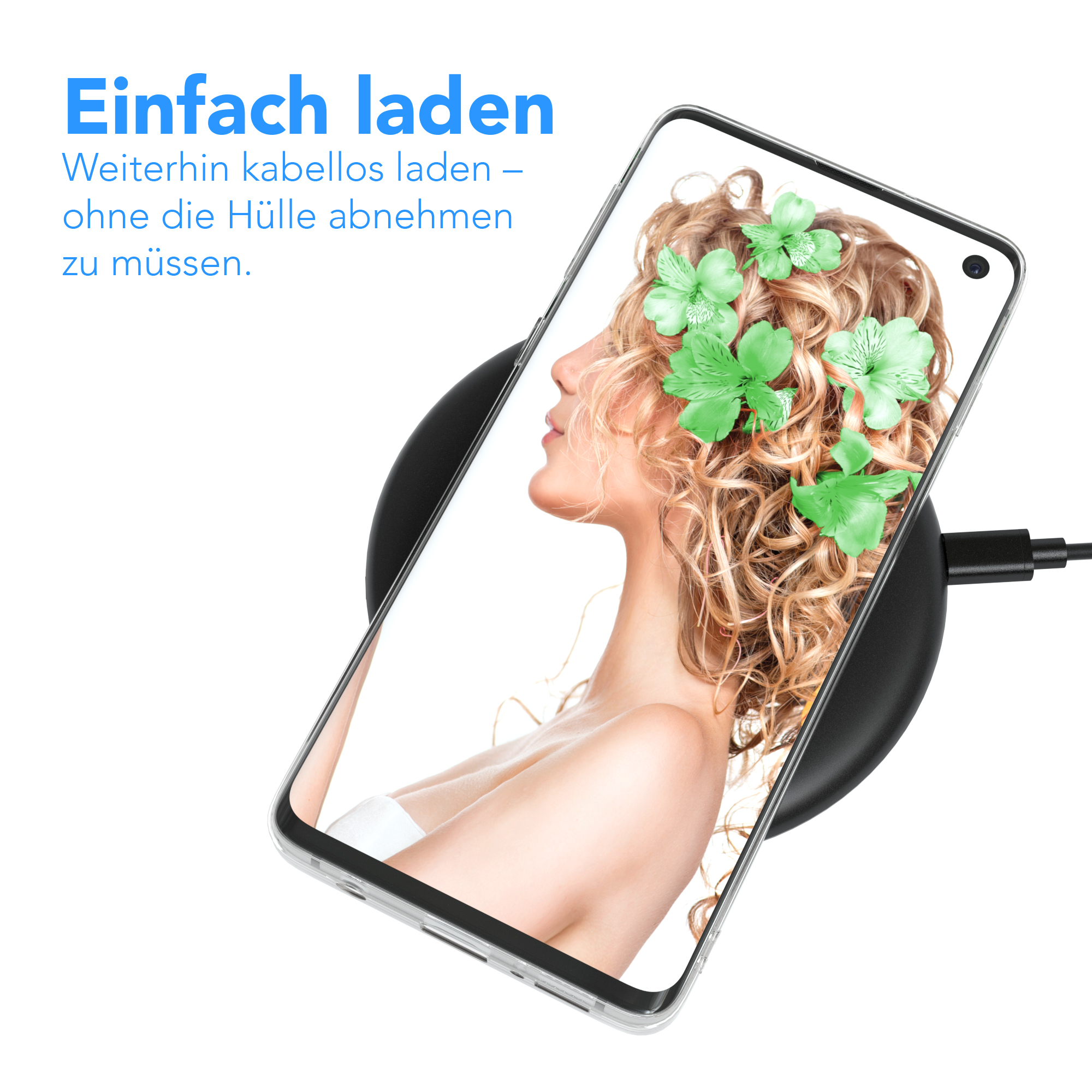 Ein Telefon auf einem Ladegerät. Auf dem Telefon ist das Gesicht einer Frau mit Blumen.