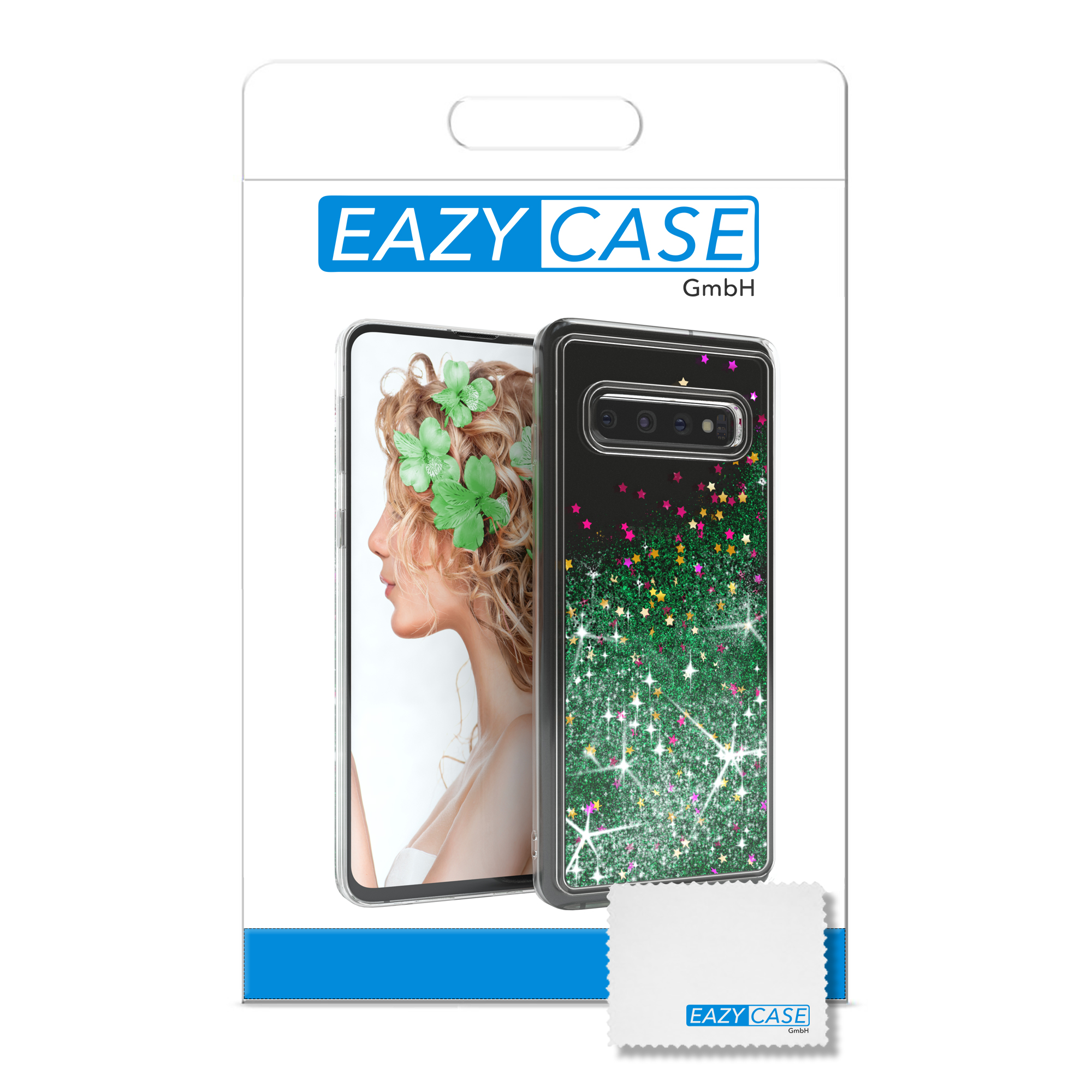 Handyhüllen-Verpackung mit Telefonbild, Glitzerdesign und EAZY CASE-Logo.