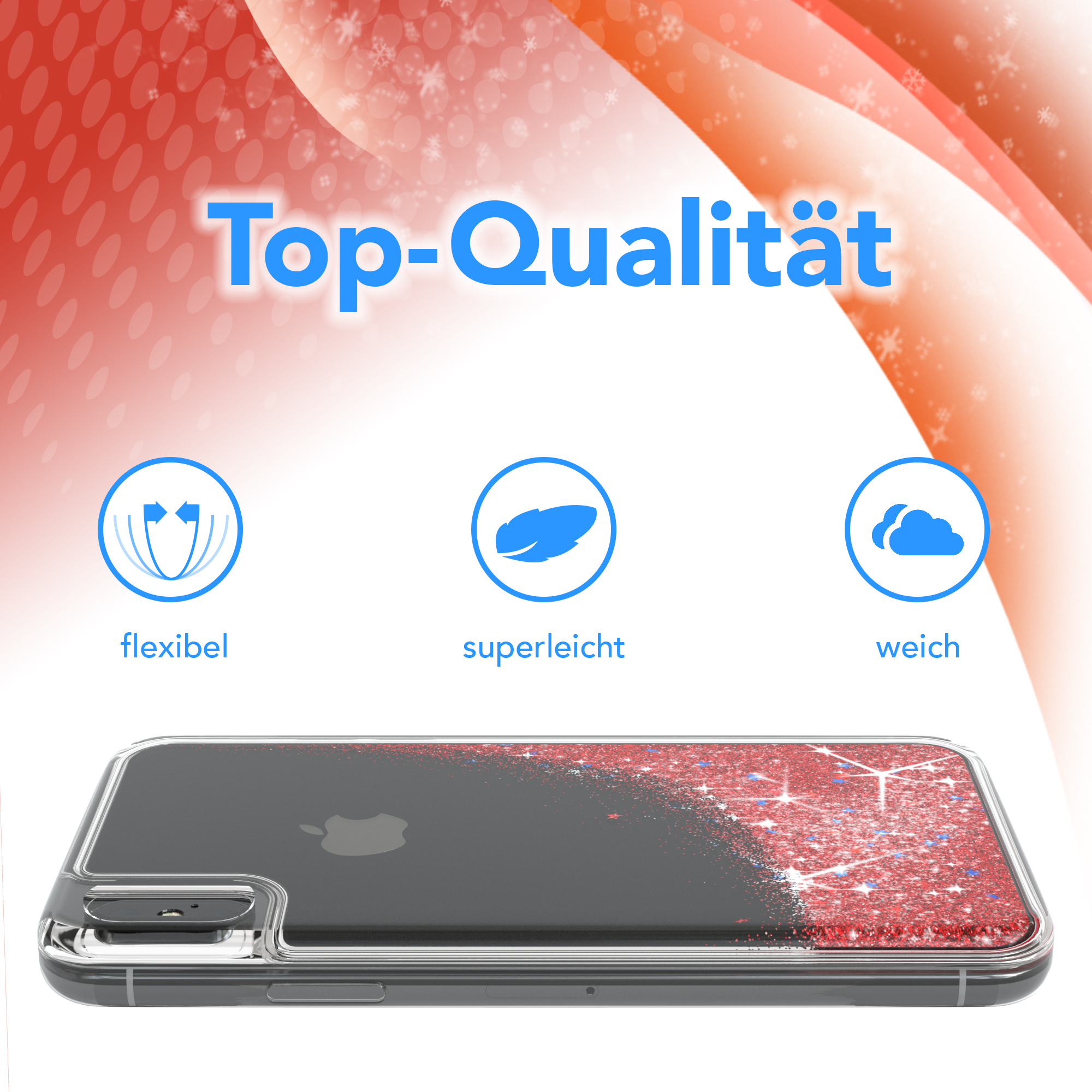 Transparente Handyhülle mit schwarzem Telefon, rotem Glitzer-Design und weißen Icons.