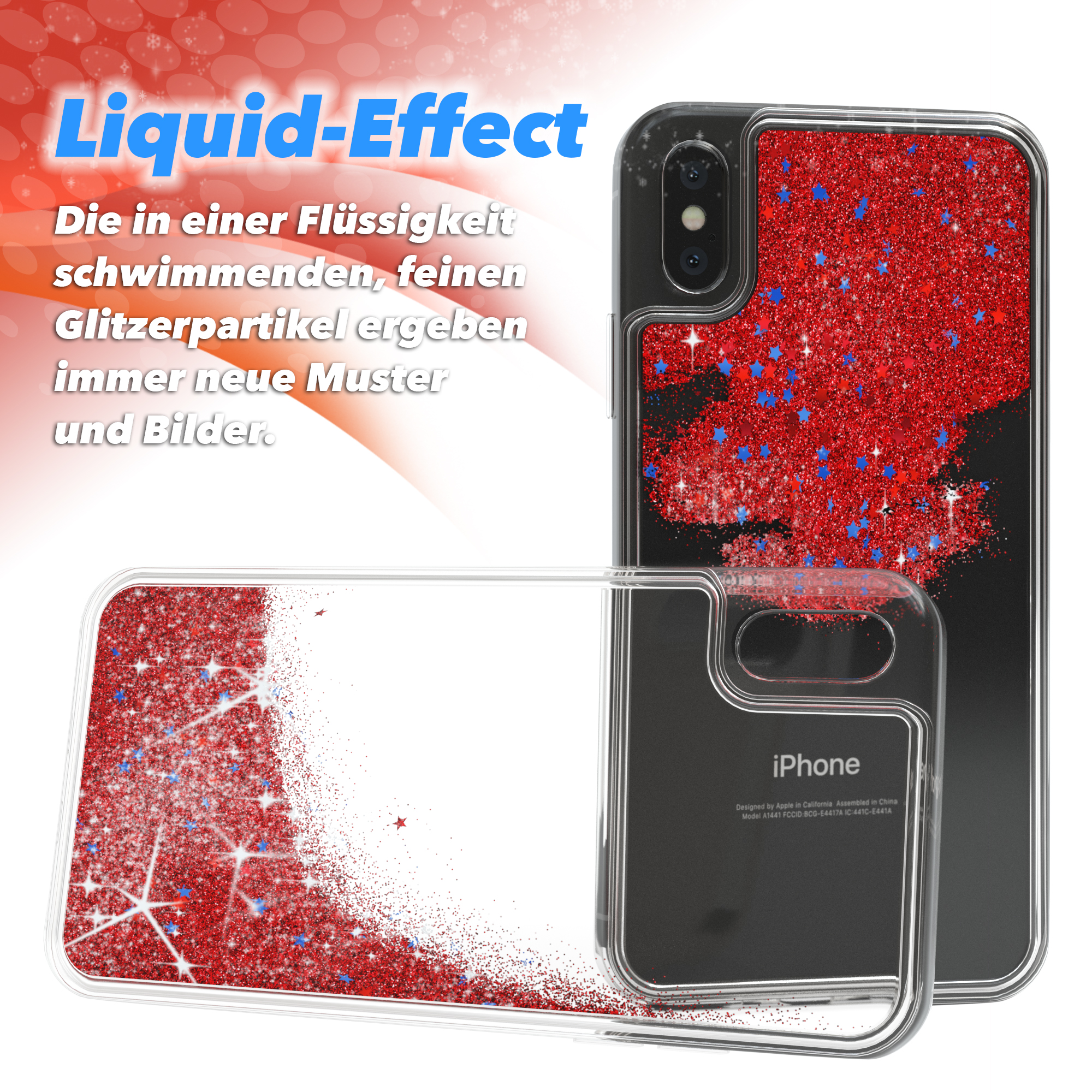 Handyhülle mit rotem Glitzer und blauen Sternen. Flüssigkeitseffekt mit glitzernden Partikeln. Die Hülle ist klar, iPhone-Form.