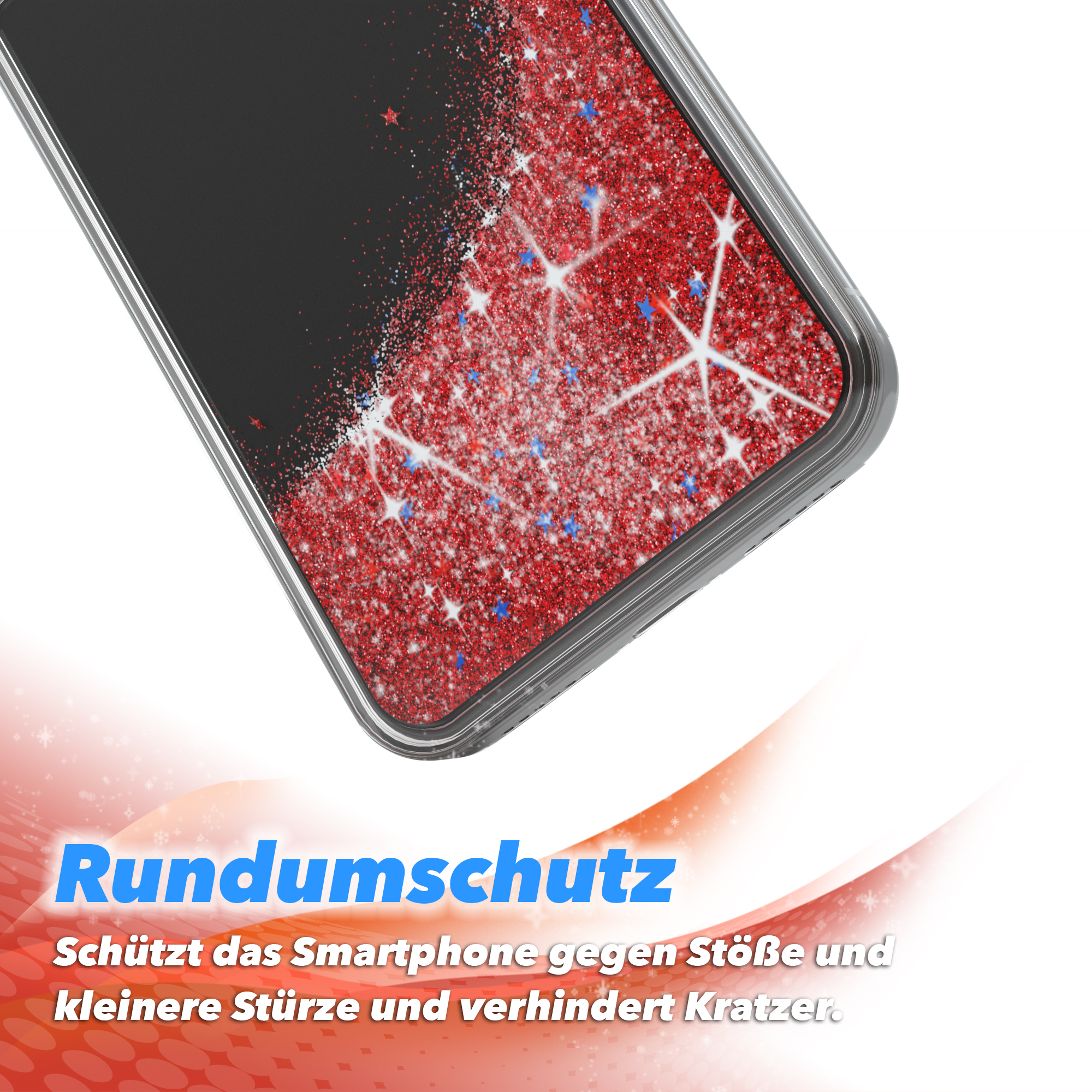 Handyhülle mit rotem Glitzer und Sternen. Text: Rundumschutz.