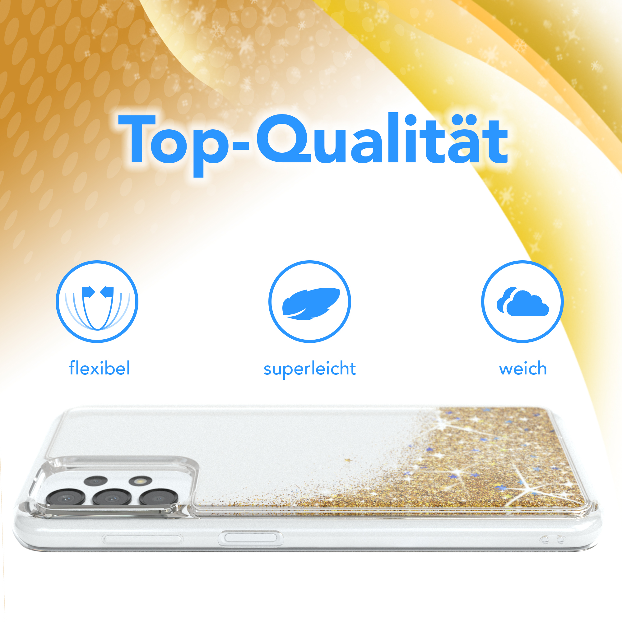 Transparente Handyhülle mit Goldglitzer. Text: Top Qualität, flexibel, superleicht und weich.
