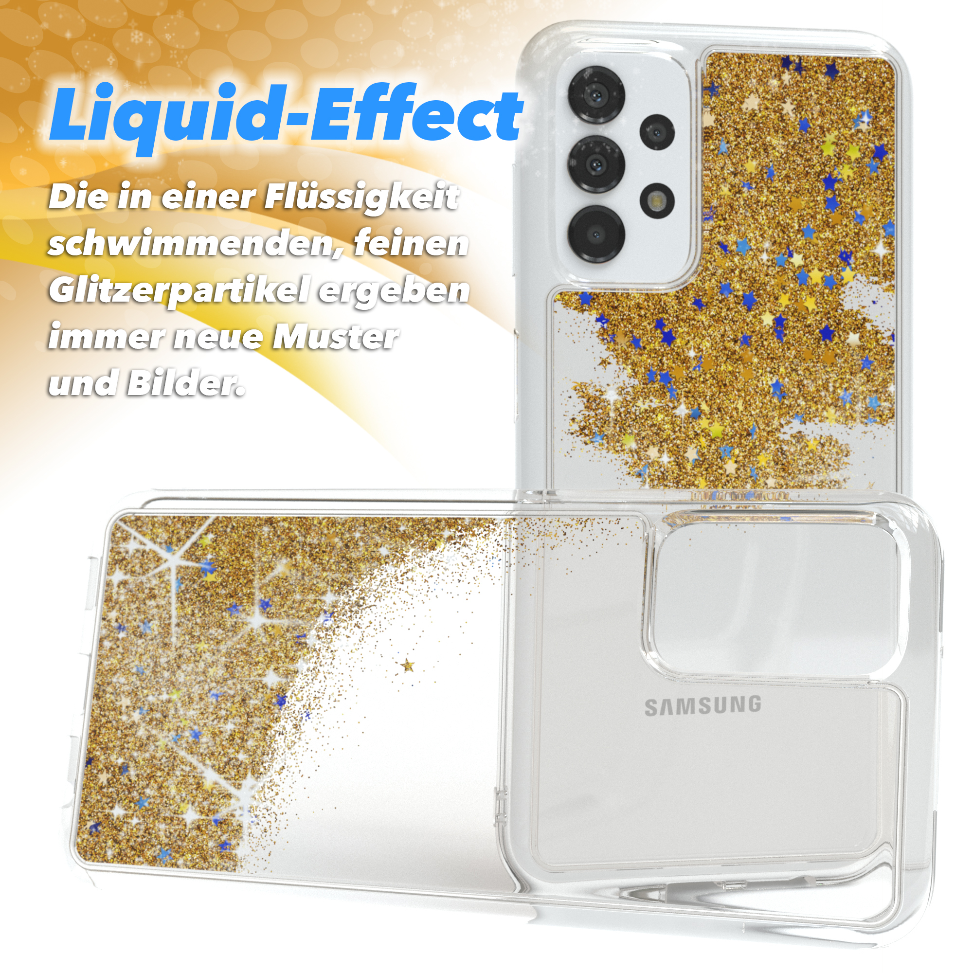 Zwei Handys in Flüssigkeits-Glitzerhüllen. Goldener Glitzer und blaue Sterne sind sichtbar.