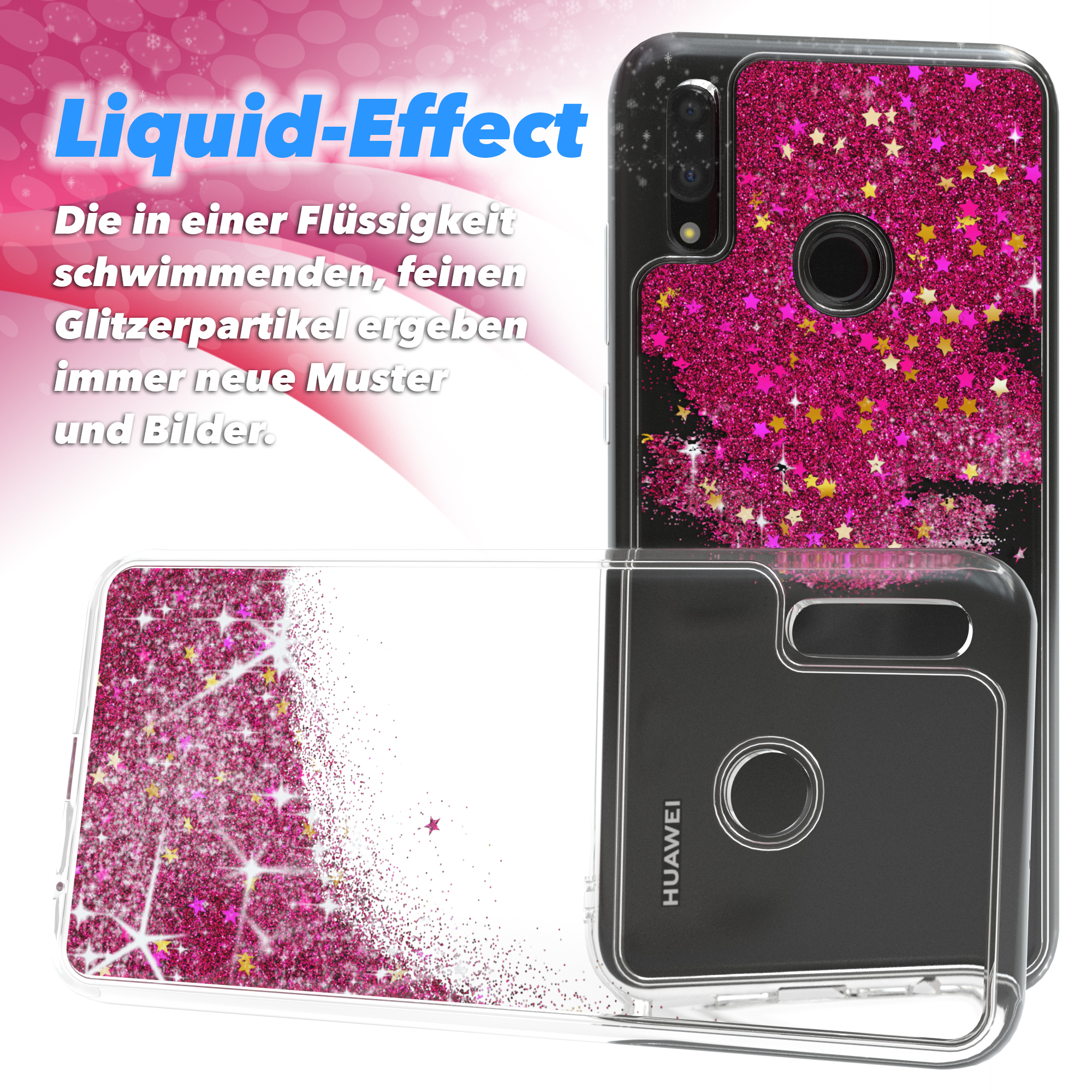 Klar Handyhülle mit pinkfarbenen Glitzer und Sternen. Der Text "Liquid-Effect" steht oben links.
