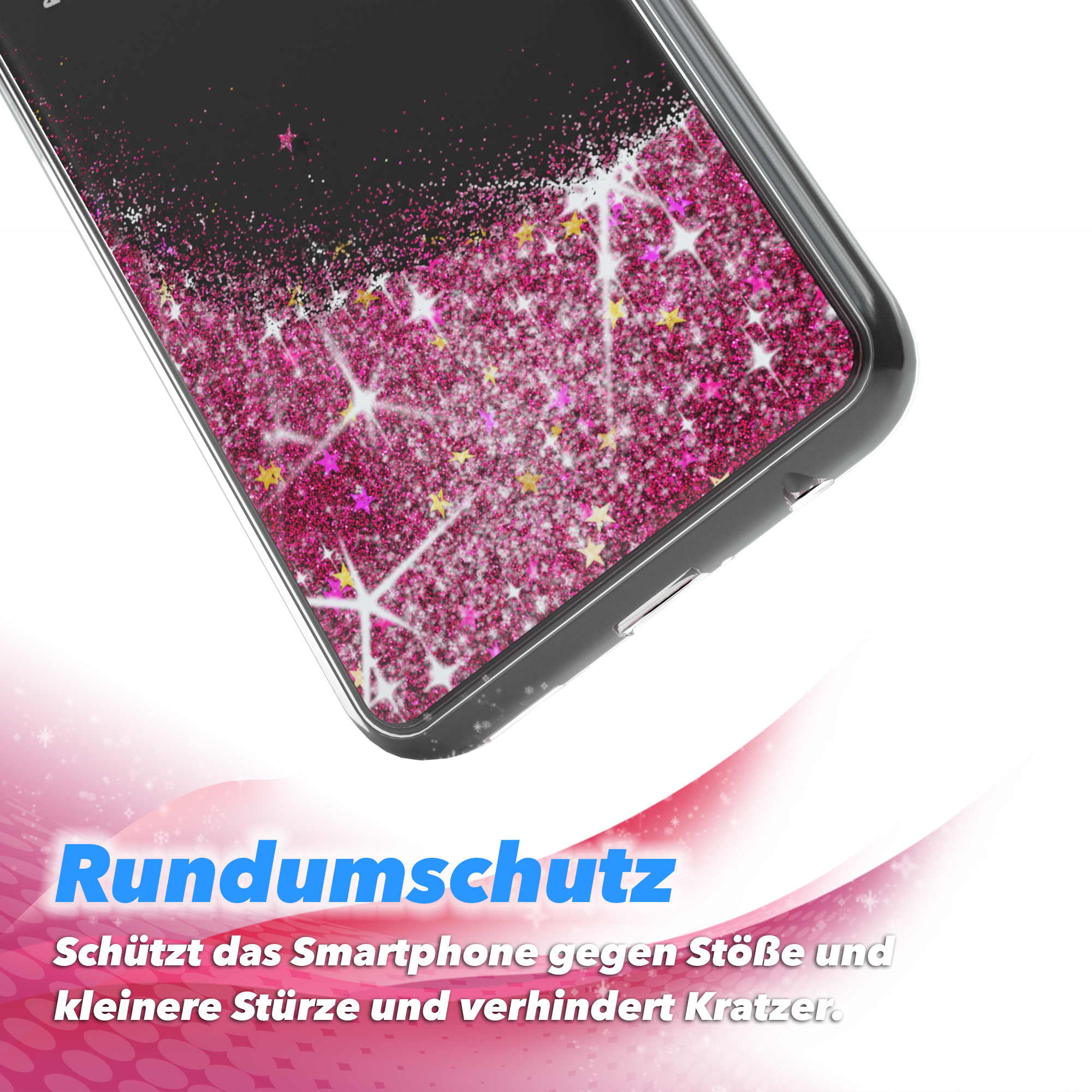 Eine Nahaufnahme einer Handyhülle mit rosa Glitzer und Sternen.
