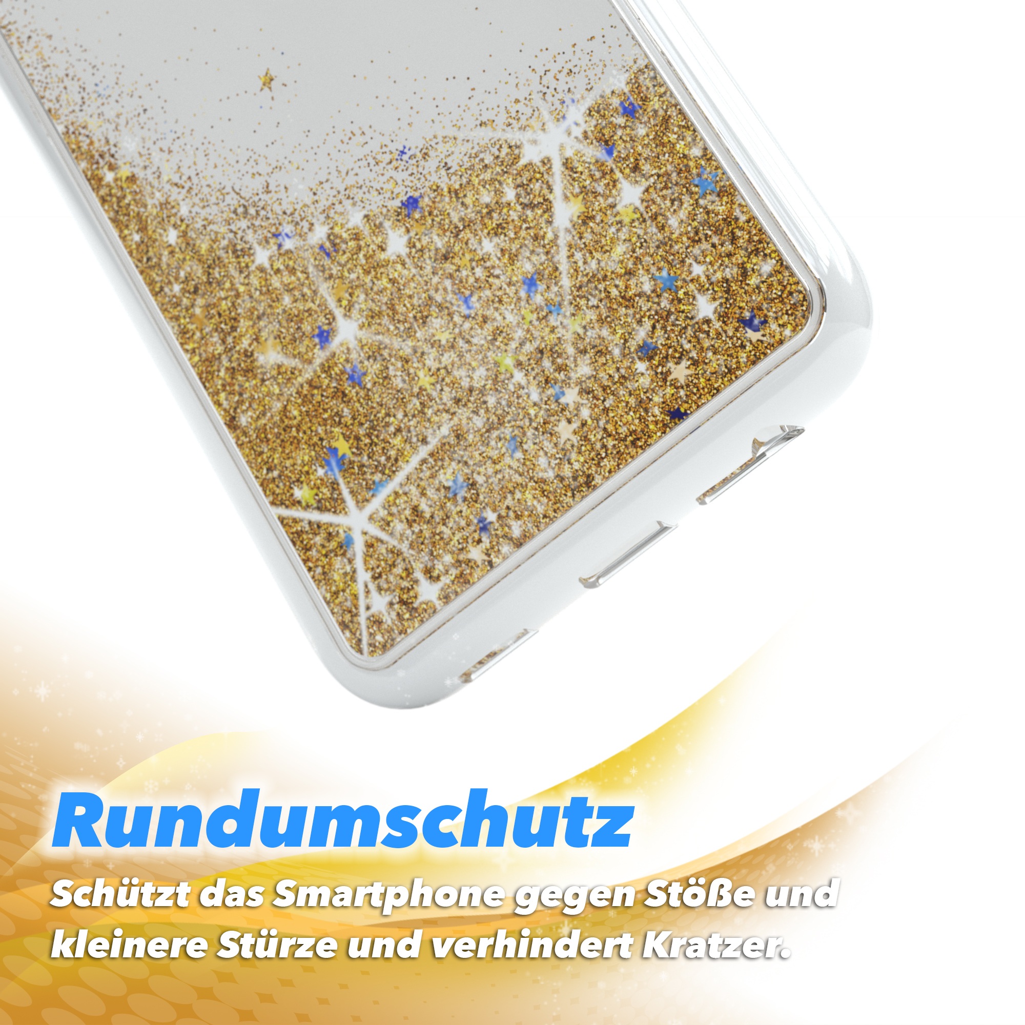 Handyhülle mit goldenem Glitzer und Sternen, Nahaufnahme. Weißer Hintergrund mit gelbem Farbverlauf.
