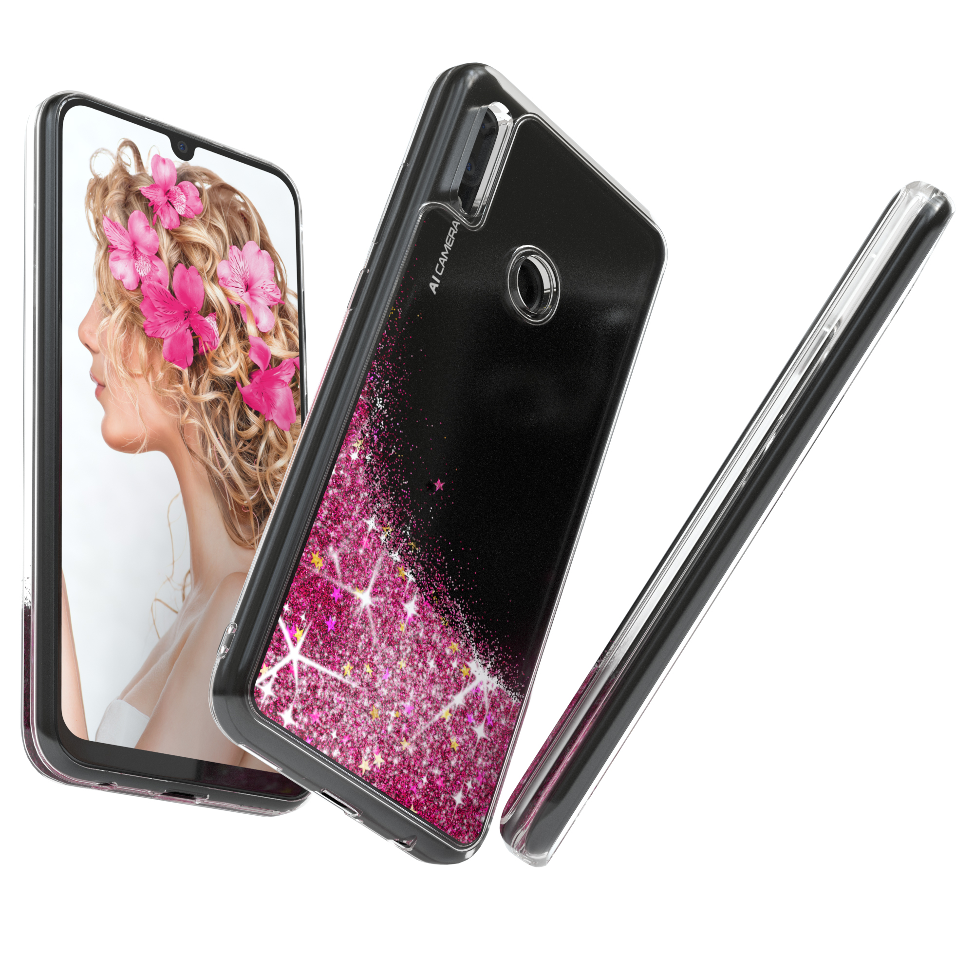 Telefon mit rosa Glitzer auf weißem Hintergrund. Das Gesicht einer Frau auf dem Bildschirm.