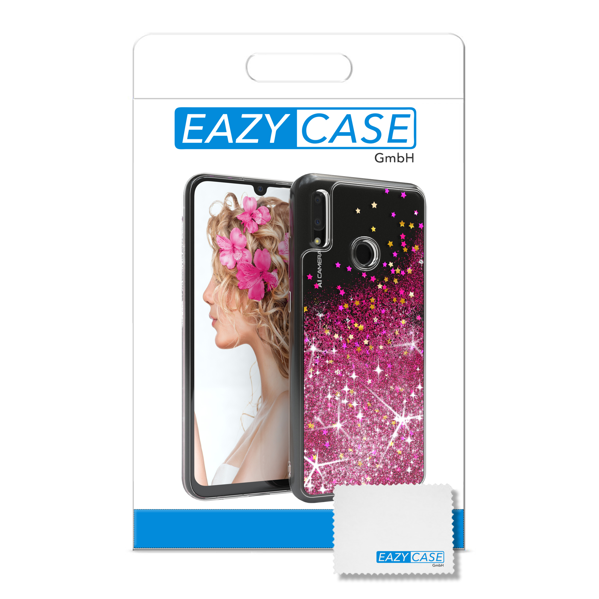Telefon in Verpackung, mit rosafarbener Glitzerhülle. Frau mit Blumen auf dem Telefonbildschirm.
