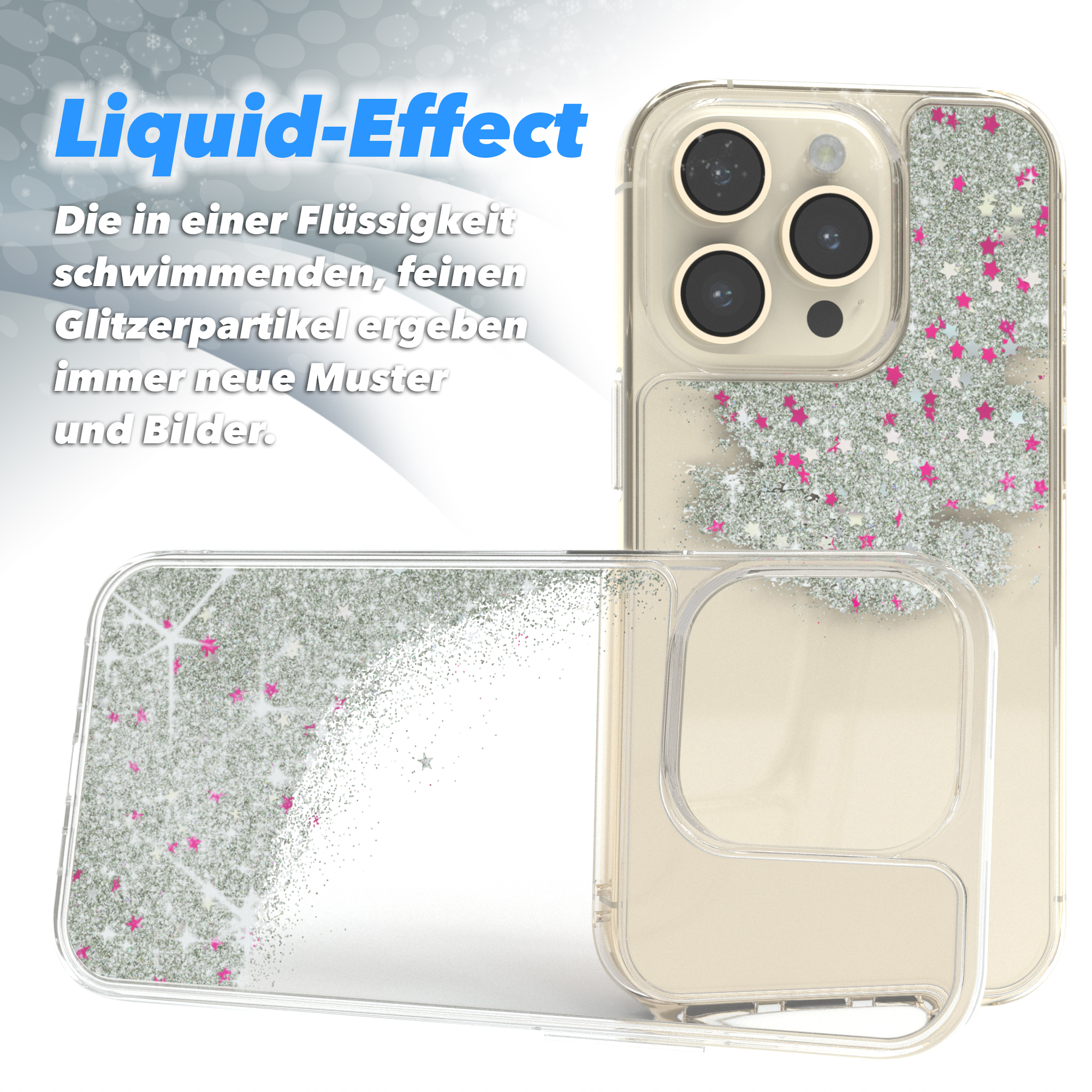Telefon mit Hülle mit silbernem Glitzer. Die Hülle ist offen. Der Hintergrund ist weiß.