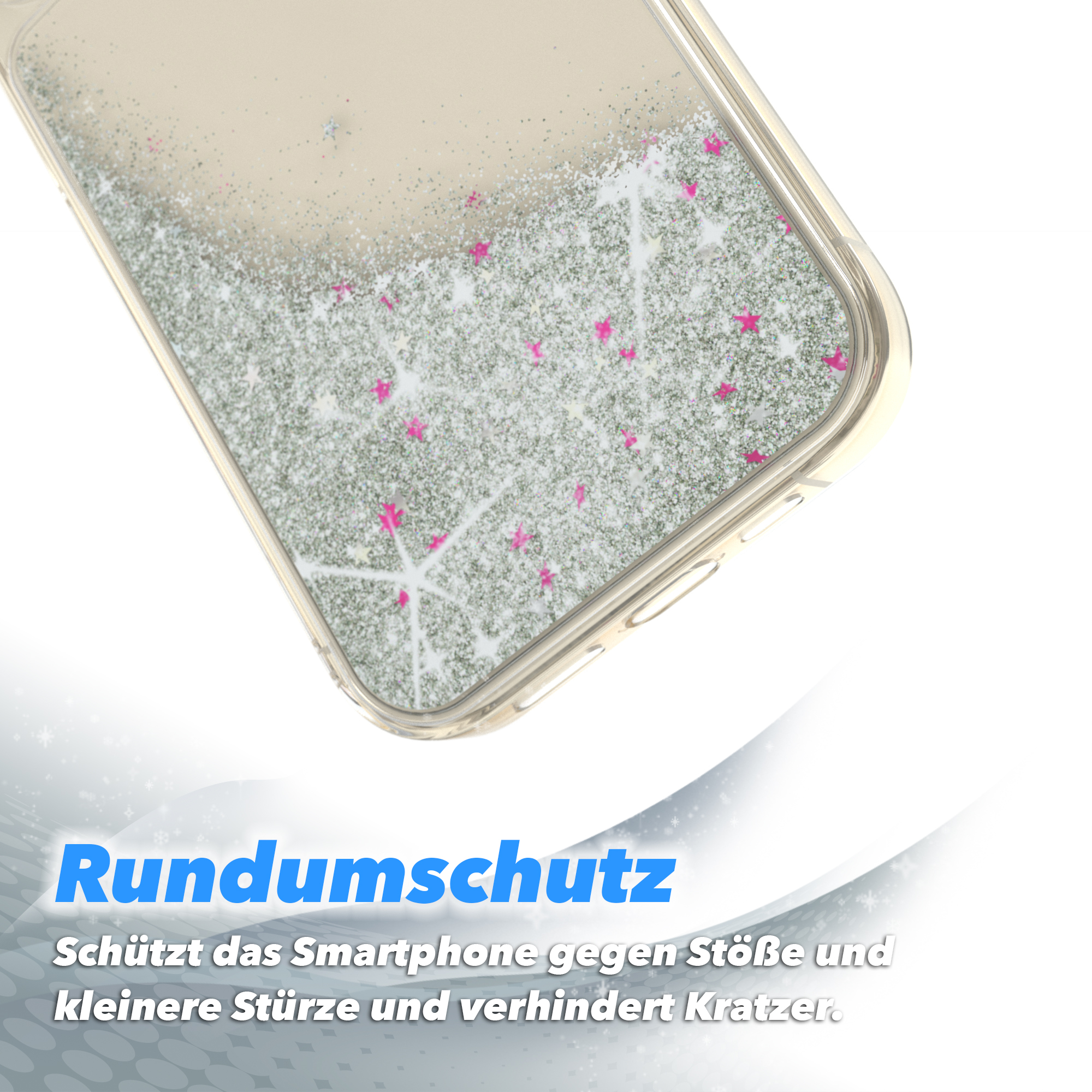 Transparente Handyhülle mit silbernem Glitzer und rosa Sternen. Schützendes Design sichtbar.