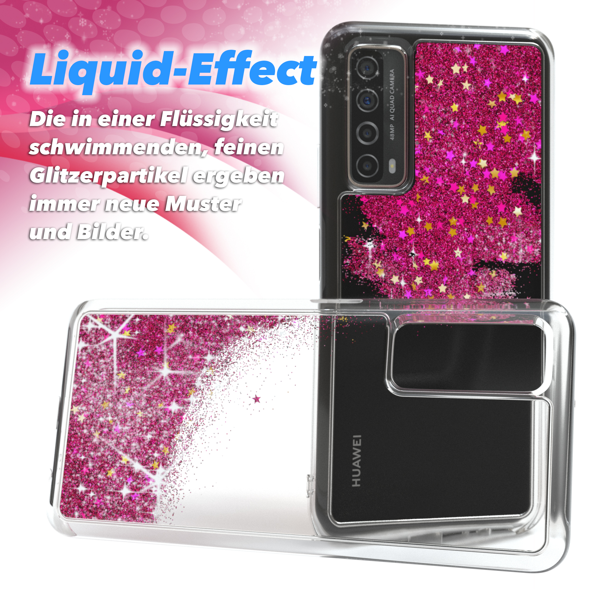 Handyhüllen mit Flüssigkeit und pinkfarbenem Glitzer. Text: Liquid-Effect. Rück- und Vorderseite sind sichtbar.