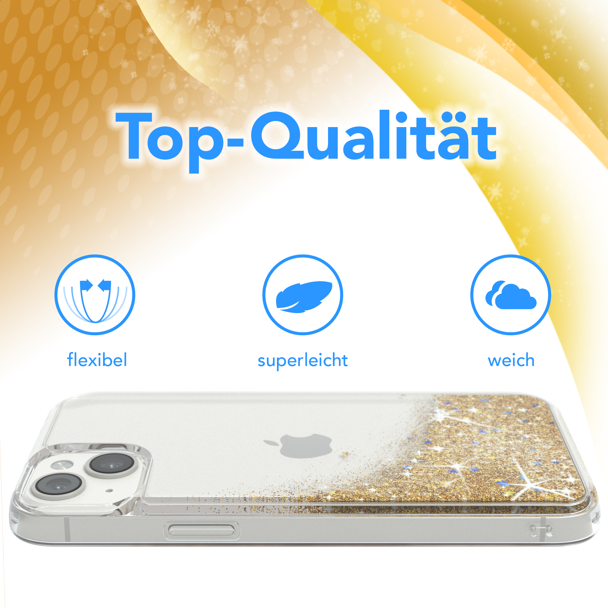 Telefon in transparenter Hülle mit Goldglitzer und blauen Sternen. Oben drei Symbole.